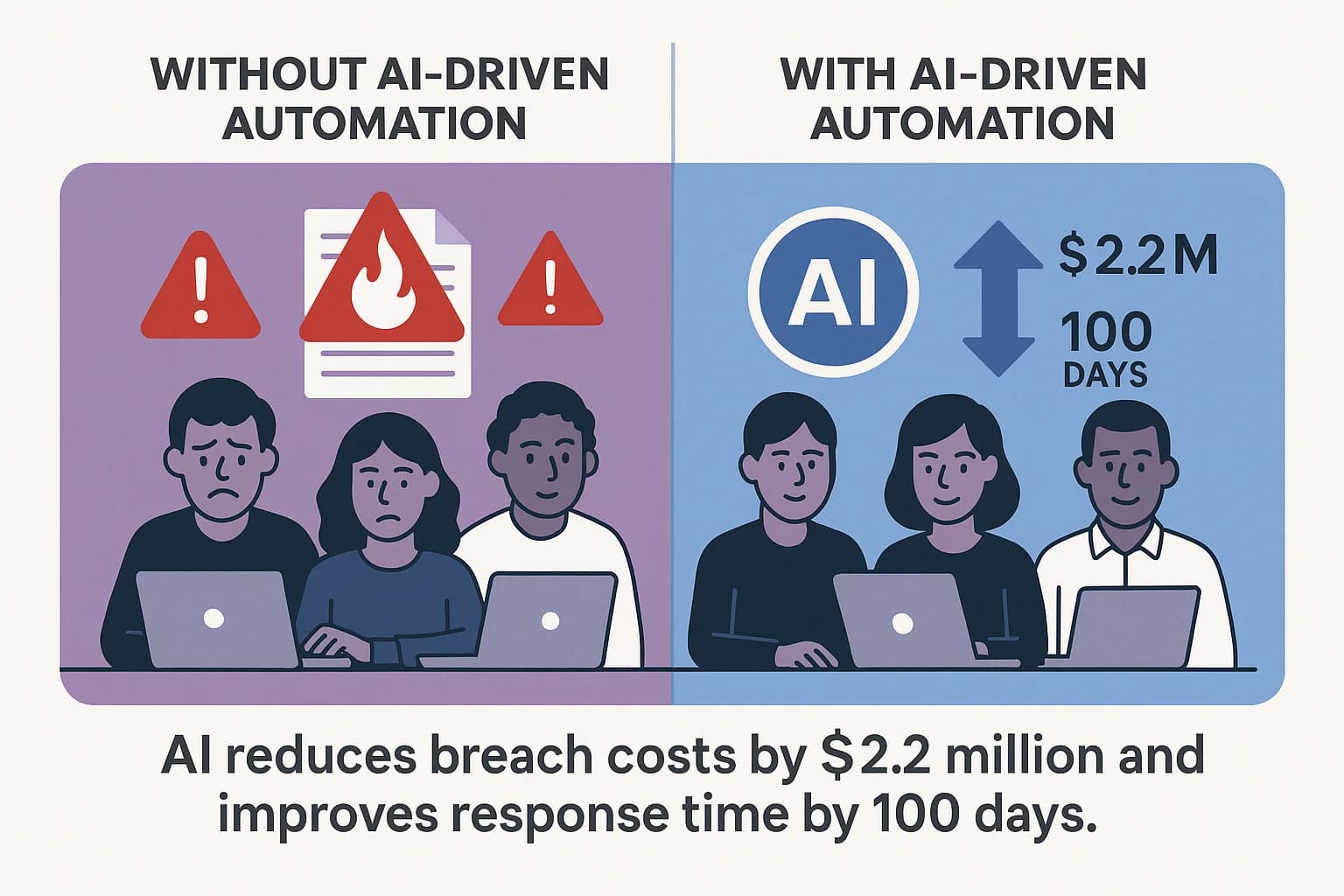Graphic showing before/after comparison of team efficiency and breach impact with vs. without AI-driven automation.