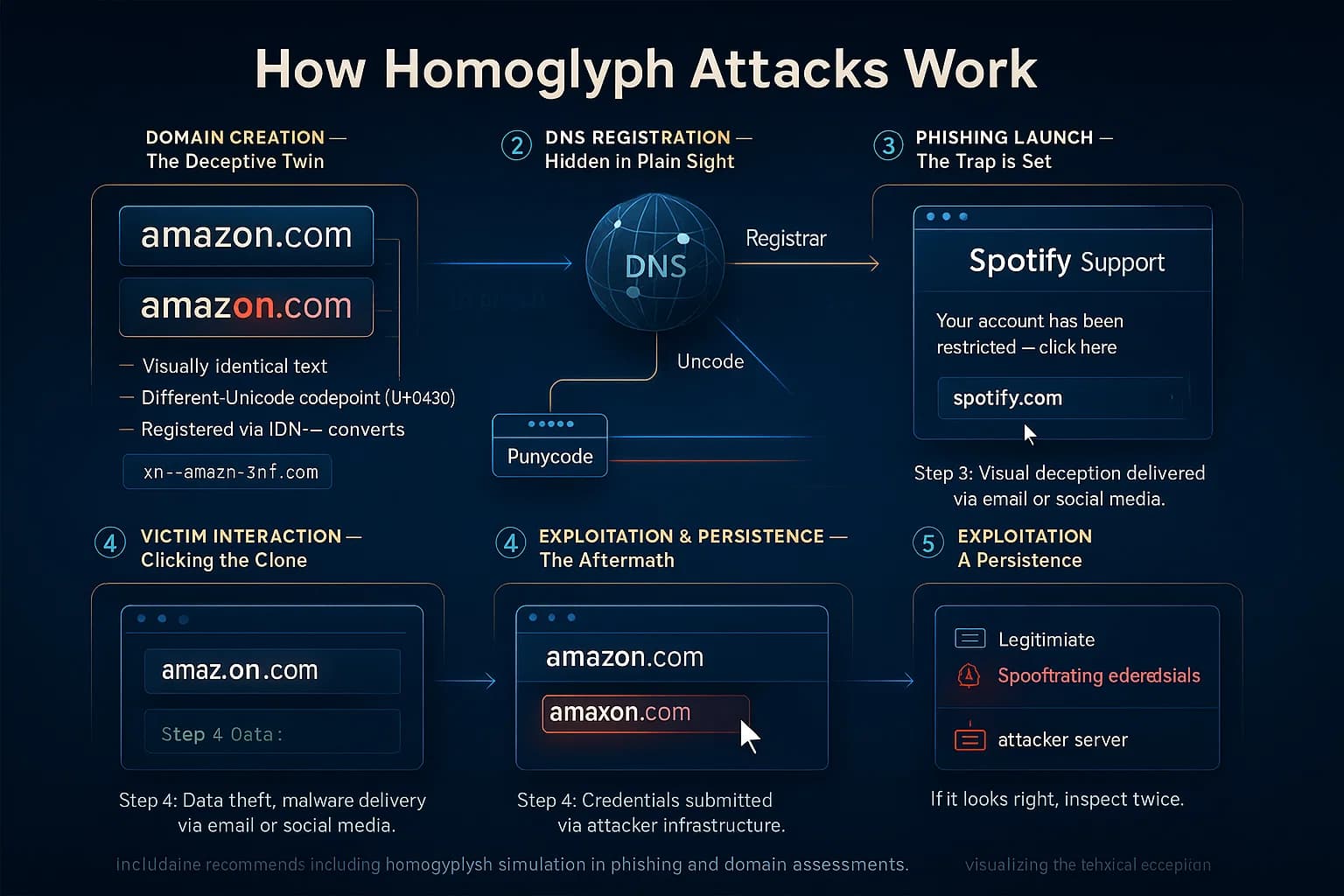 Infographic illustrating the five-step homoglyph attack process: creating a lookalike Unicode domain, registering it via IDN, launching phishing, tricking users into login, and stealing credentials — highlighting how visual deception becomes exploitation.