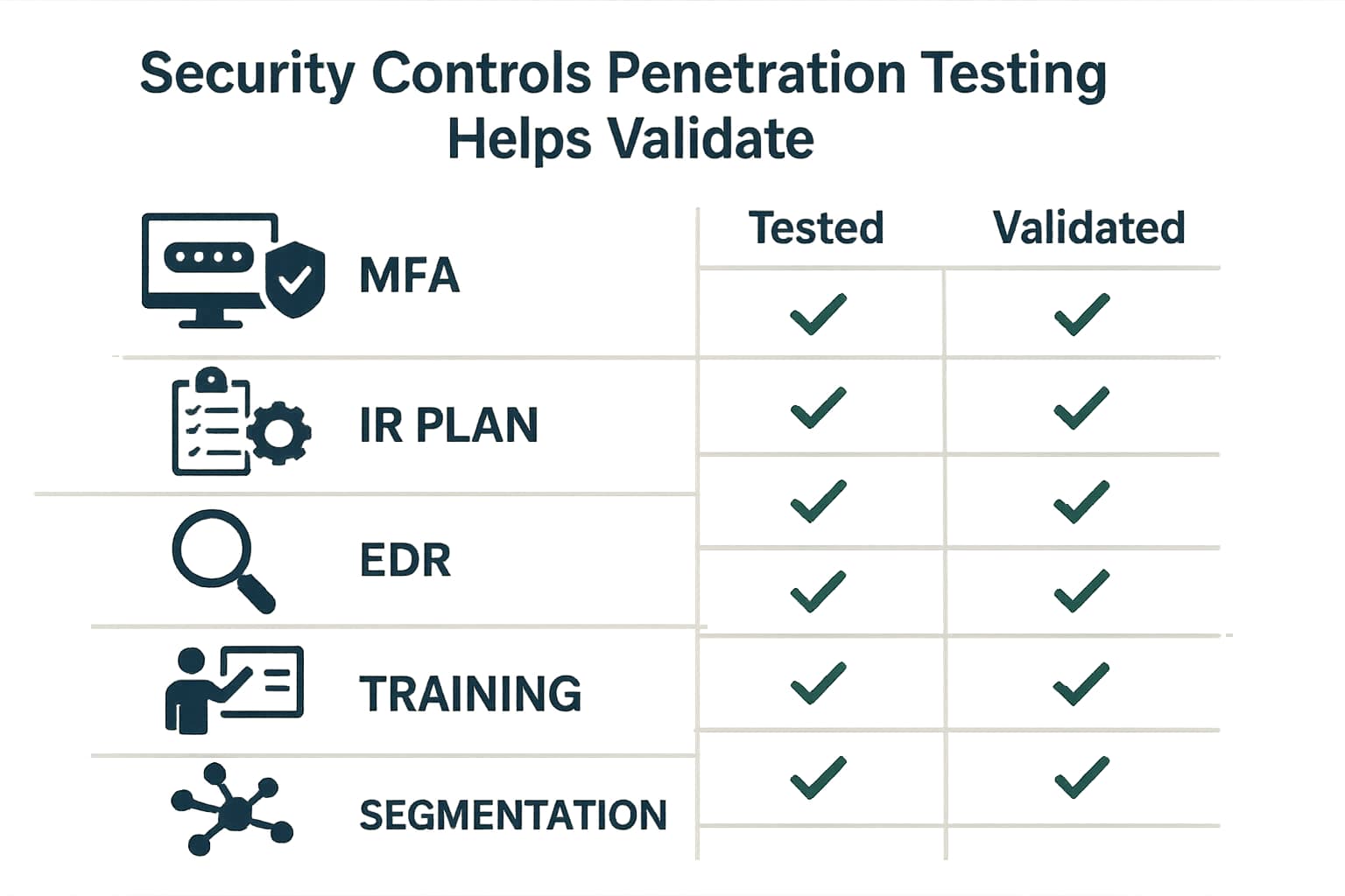 Icons representing MFA, IR plans, EDR, training, segmentation, and how each is tested and validated during a penetration test.
