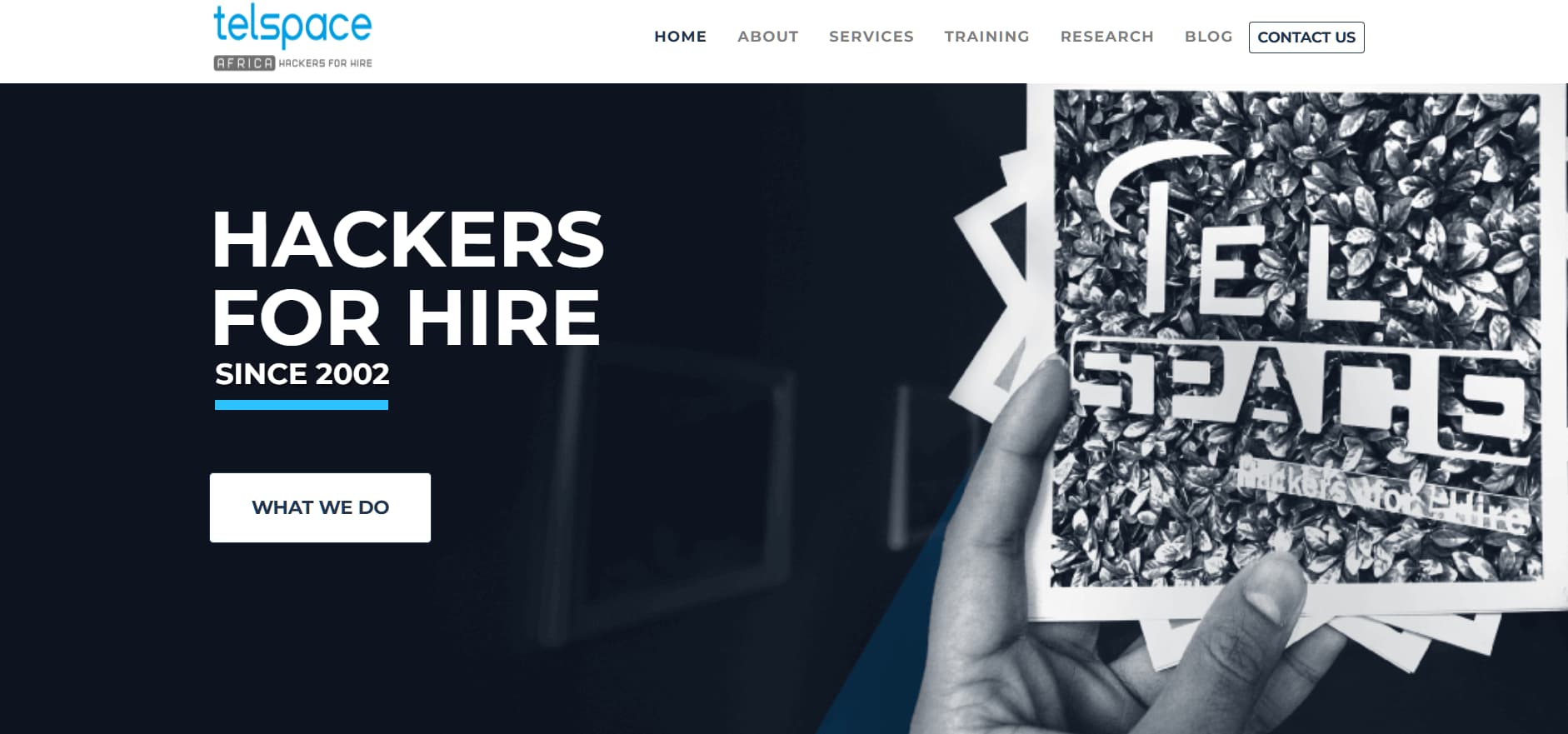 “Telspace Africa cybersecurity website header with ‘Hackers for Hire Since 2002’ text and a hand holding printed photos on a dark blue background.”