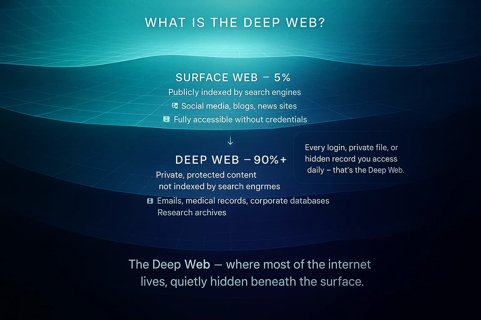 “Most of the internet isn’t what you can search. The Deep Web holds everything hidden behind logins, paywalls, and private databases. It’s where your emails, medical records, and business data live — secure, unseen, and unindexed. Beneath the surface, this vast digital ocean quietly powers our connected world.”