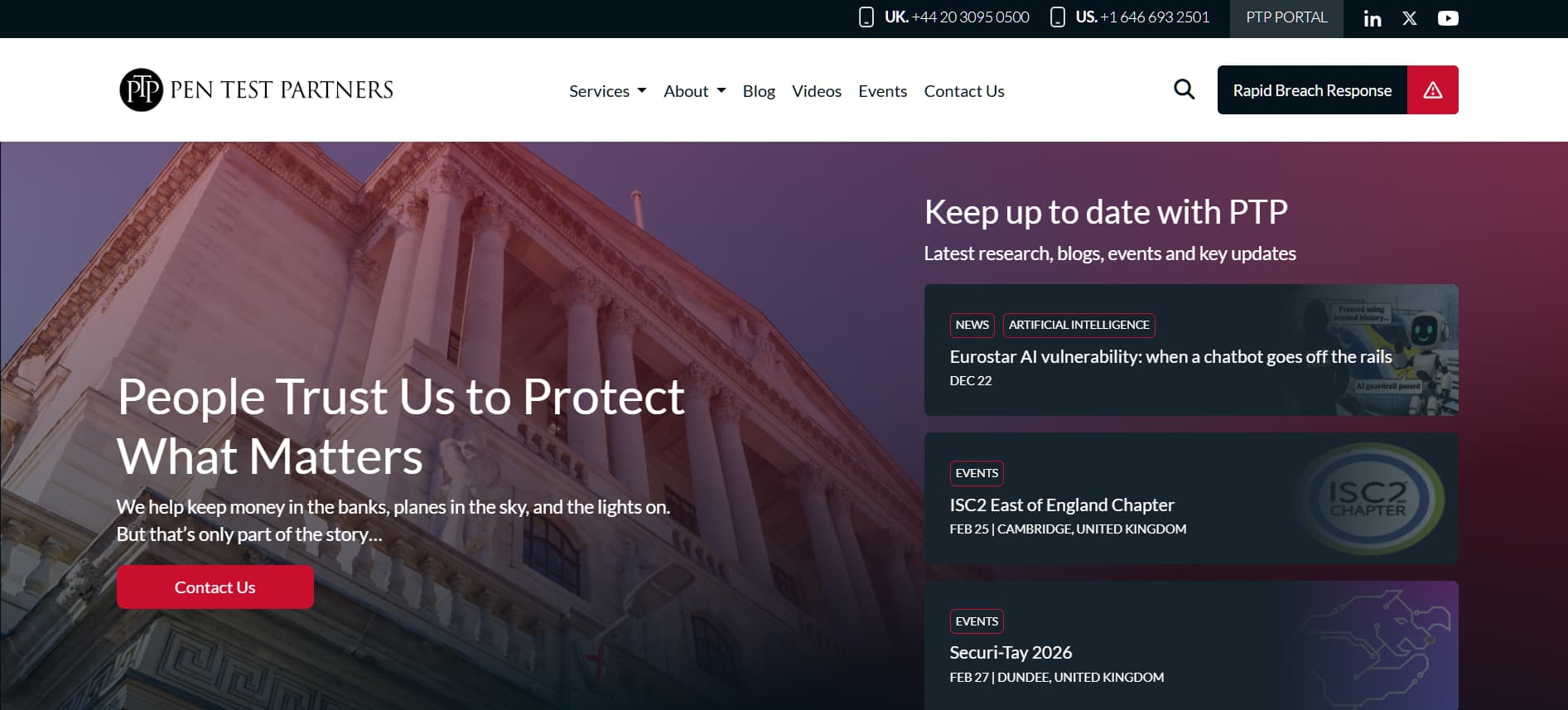 “Pen Test Partners website showing headline ‘People Trust Us to Protect What Matters,’ with a background image of a classical building and panels highlighting news and cybersecurity events.”