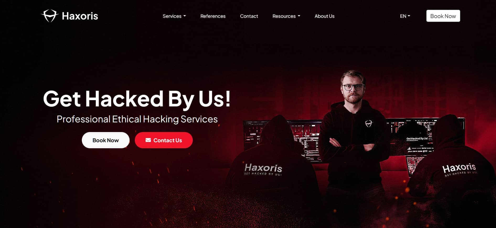Alt: “Haxoris ethical hacking and penetration testing services website with red hacker-themed hero banner”