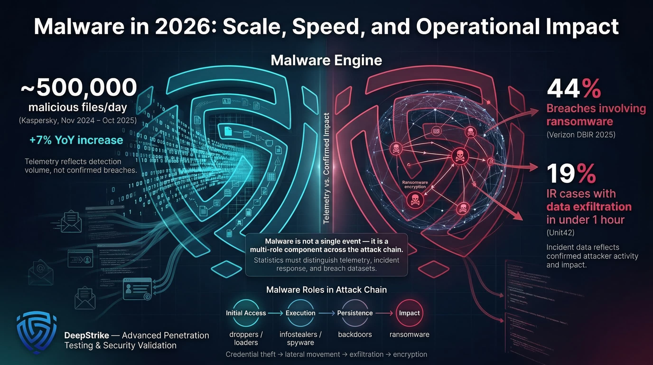 “A cybersecurity visualization contrasts malware scale and operational impact. On the left, hundreds of thousands of malicious files flow through detection systems, while on the right, an enterprise network shows ransomware activity and rapid data exfiltration. Labels distinguish telemetry from confirmed incidents.”