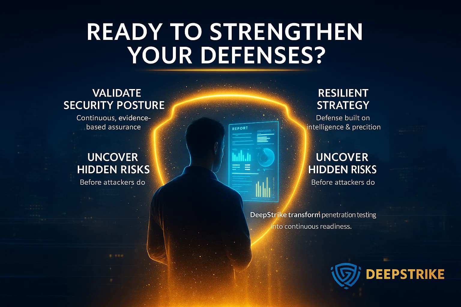 “Cinematic digital visual showing a security professional viewing a holographic penetration testing report, surrounded by a glowing gold-blue defense field symbolizing readiness and protection.”