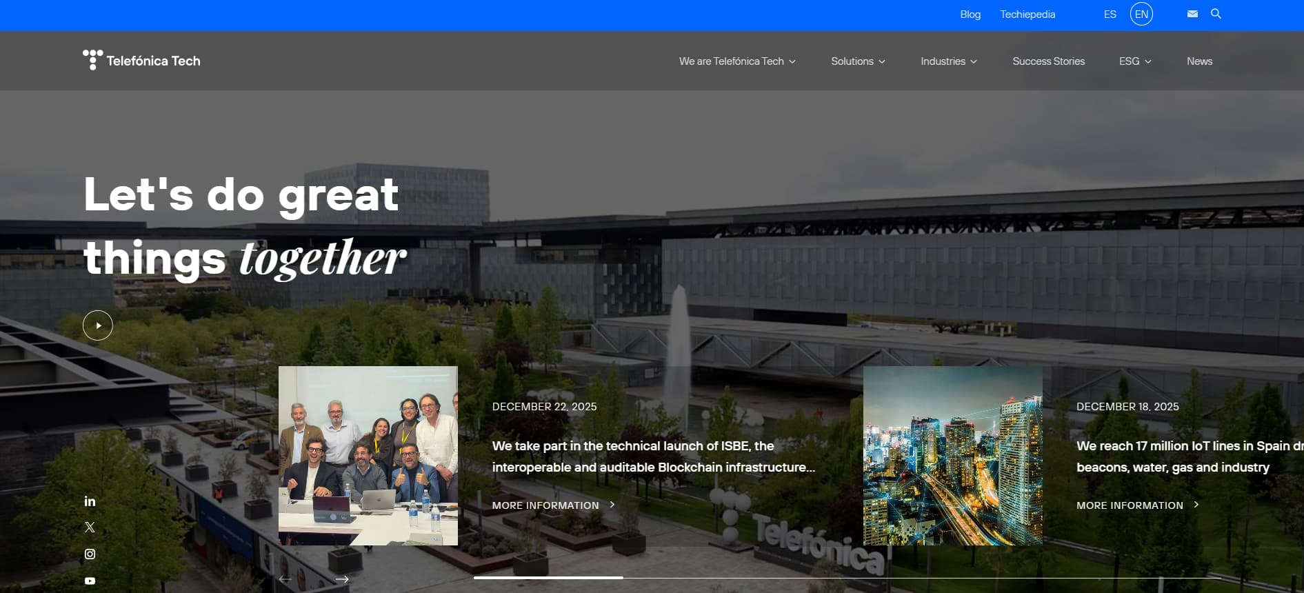 “Telefónica Tech website homepage with headline ‘Let’s do great things together’, showing a modern corporate campus and featured news tiles about digital and cybersecurity initiatives.”