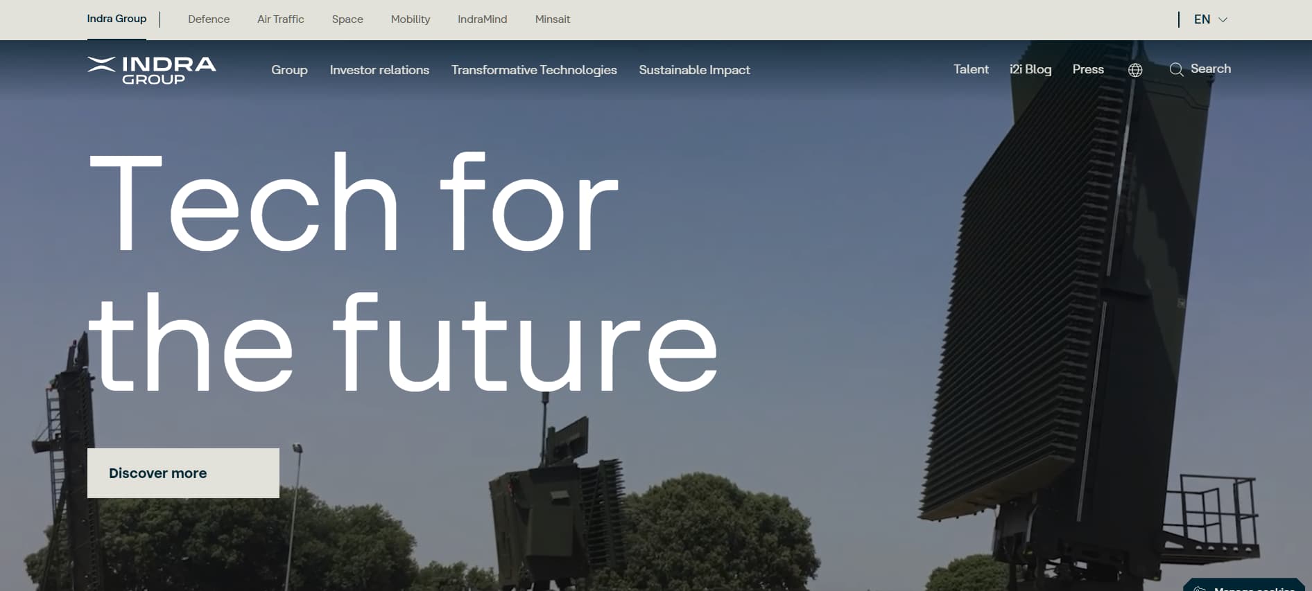 “Indra Group website homepage with headline ‘Tech for the future’, featuring large radar and defense technology imagery representing advanced digital and security solutions.”