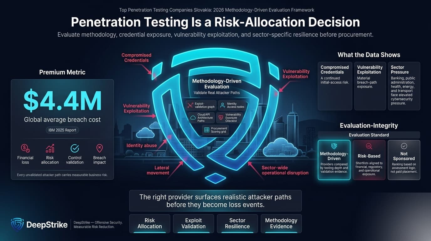 “A premium cybersecurity risk-allocation dashboard for Slovakia shows a futuristic Bratislava enterprise environment protected by a glowing shield. A $4.4M global breach cost metric appears on the left, while compromised credentials, vulnerability exploitation, and sector pressure are shown on the right. The ranking is presented as methodology-driven and not sponsored, with the lower-right corner intentionally empty for watermark removal.”