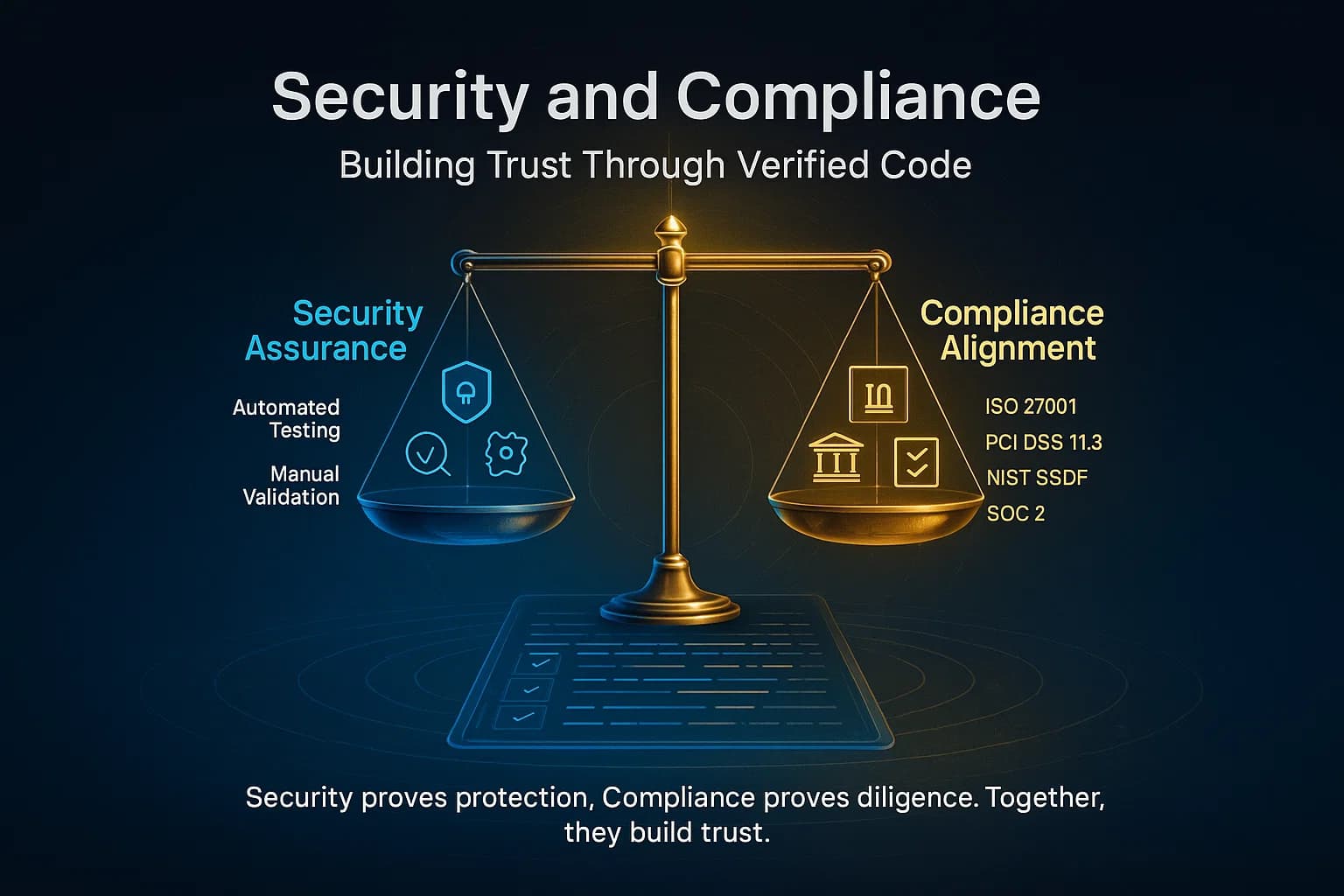 Digital illustration of golden and blue scales balancing security practices on one side and compliance frameworks on the other, showing harmony between protection and regulation.