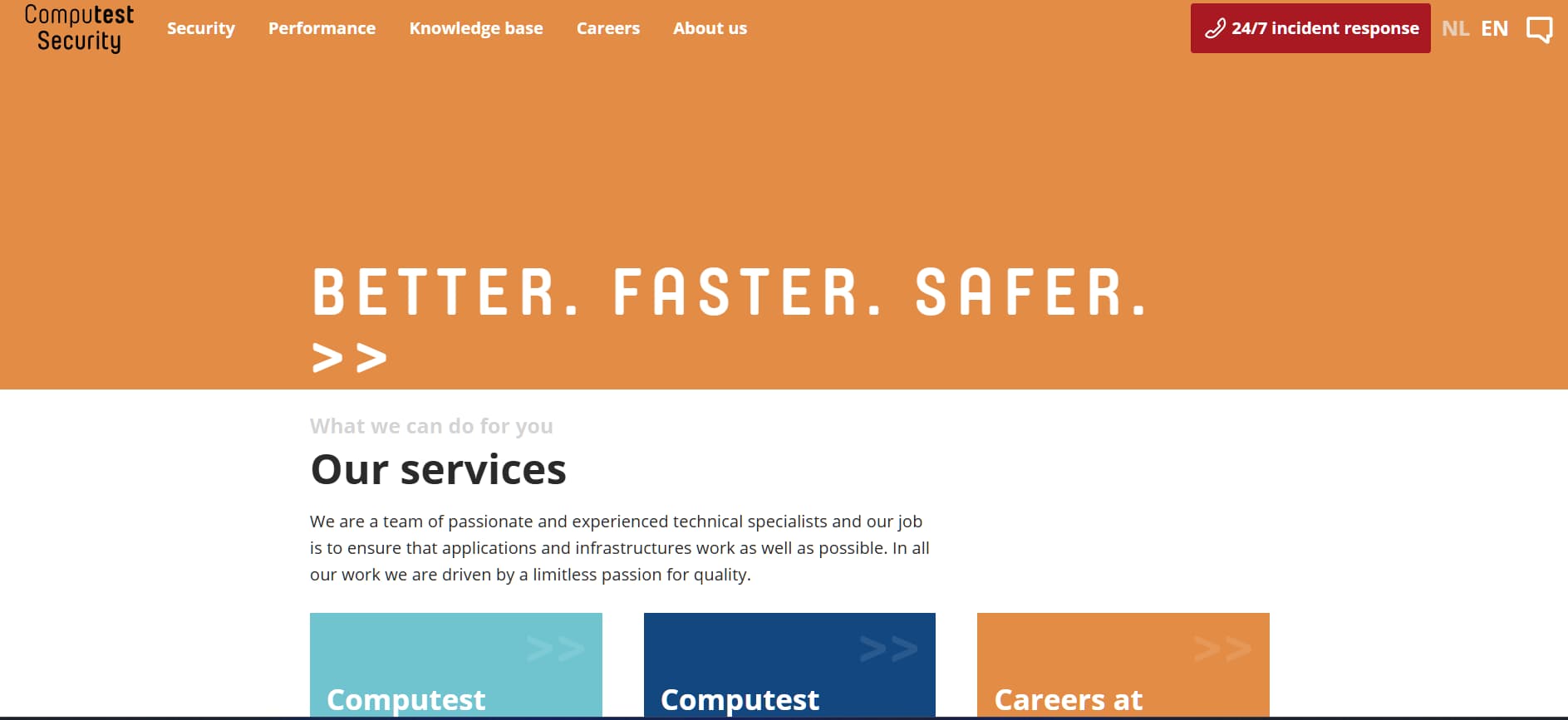 Orange and white corporate cybersecurity webpage with the slogan “Better. Faster. Safer.” and a section introducing company services.