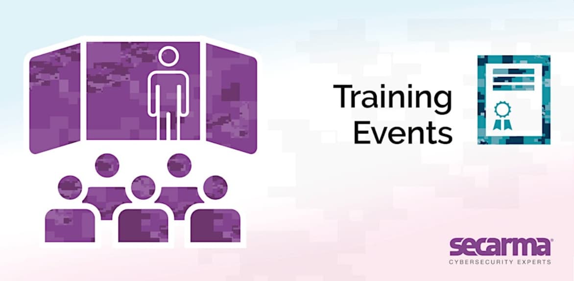 Secarma cybersecurity training events banner showing classroom learning icon and certification badge