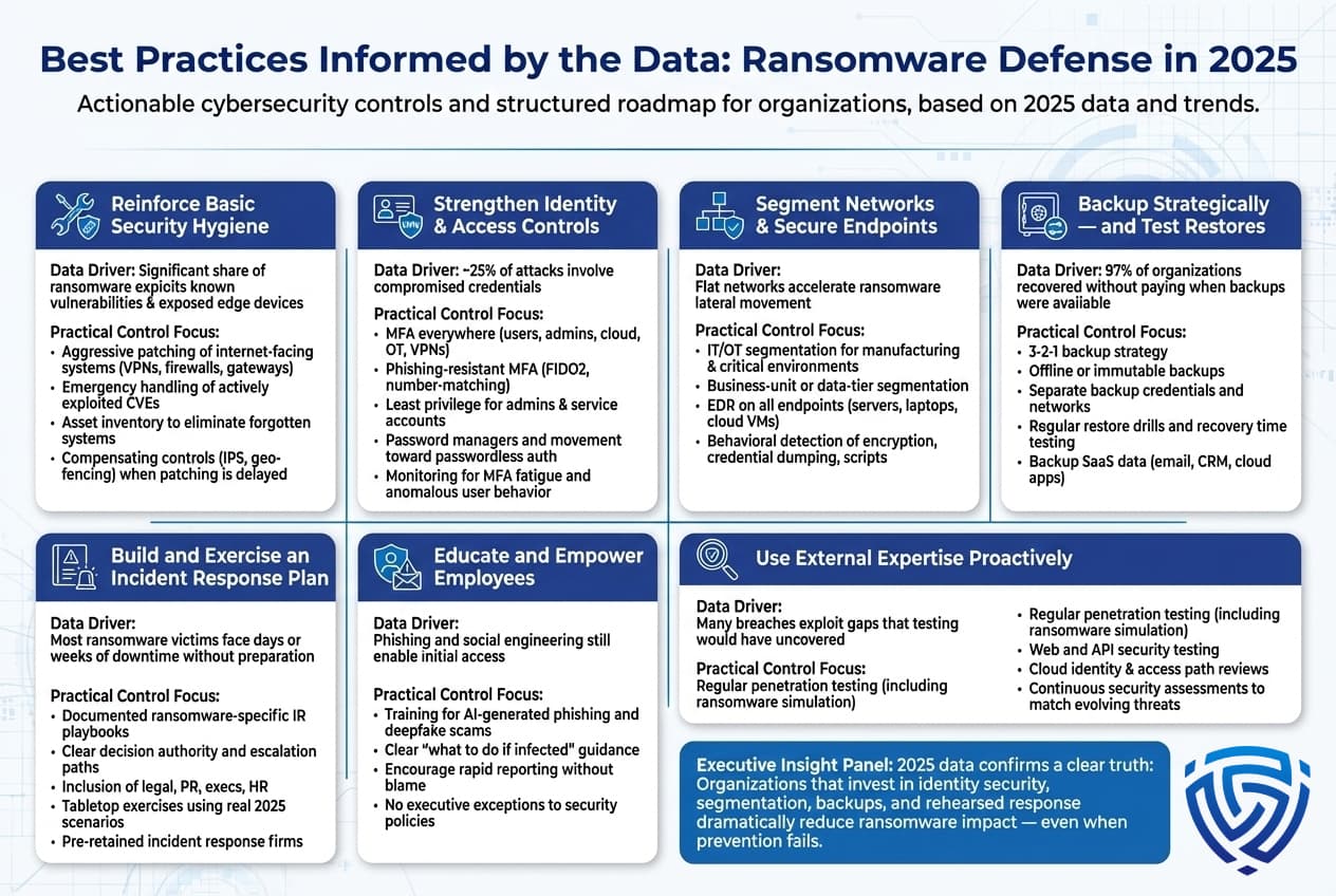 Infographic listing ransomware defense best practices, including basic security hygiene, identity and access controls, network segmentation, strategic backups with restore testing, incident response planning, employee education, and proactive use of external security expertise.