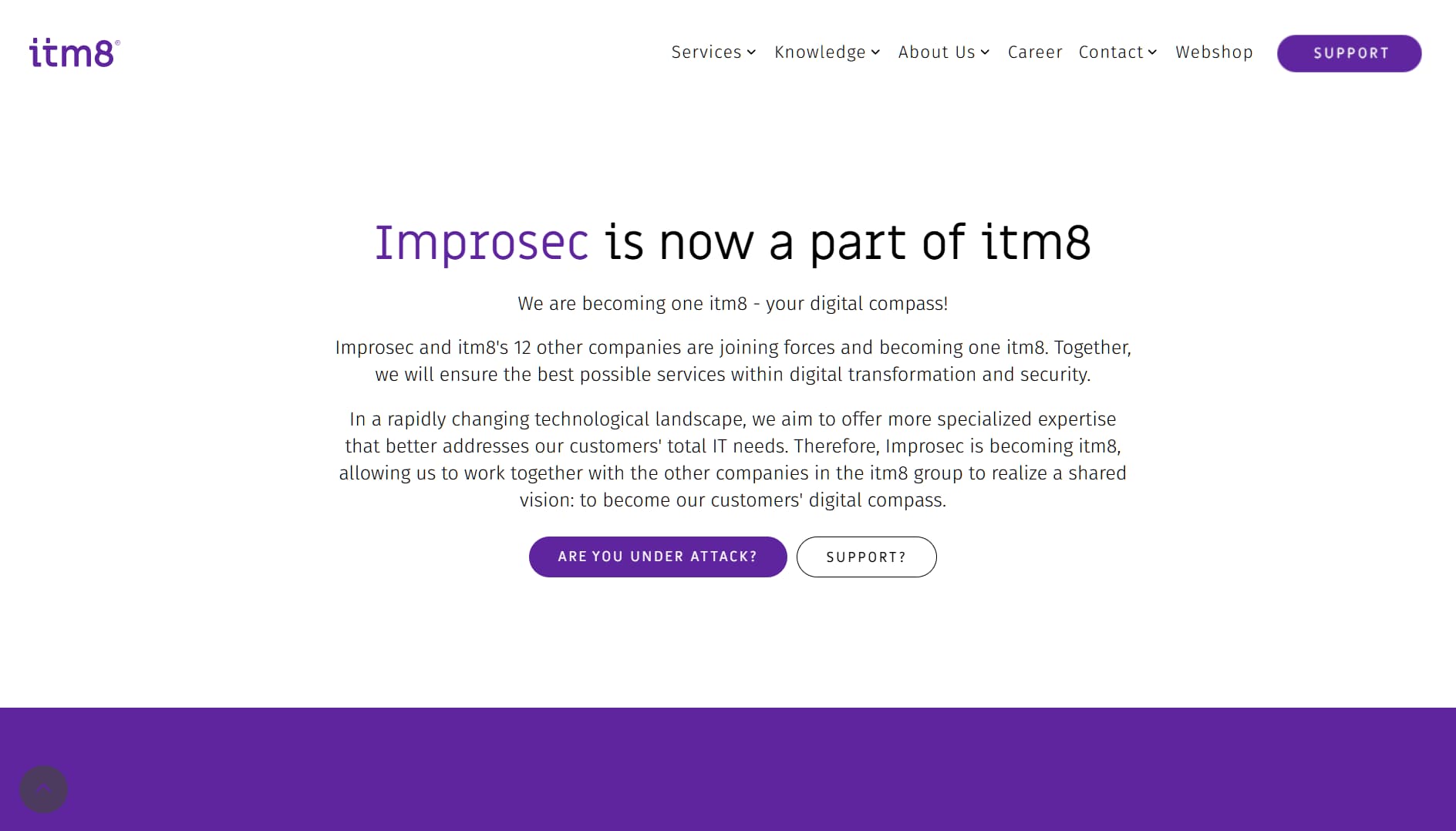 Screenshot of itm8 homepage announcing that Improsec is now part of itm8, showcasing their focus on digital transformation and cybersecurity services.