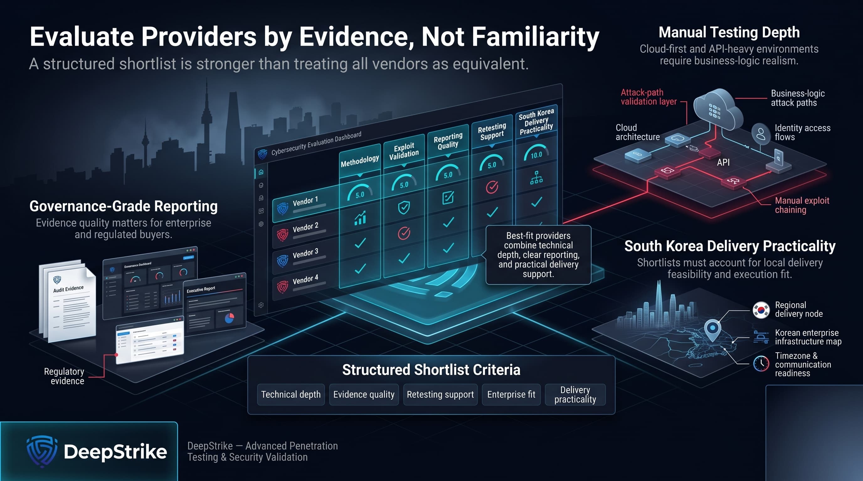 “A premium cybersecurity evaluation dashboard compares penetration testing providers in South Korea across methodology, exploit validation, reporting quality, retesting support, and local delivery practicality. The visual highlights governance-grade reporting, manual cloud and API testing depth, and structured shortlist criteria, with empty space reserved in the lower-right corner for watermark removal.”