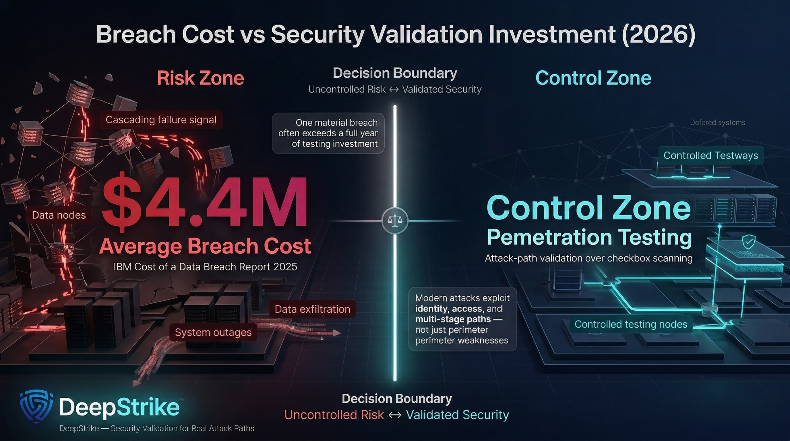 “A split cybersecurity visualization contrasts a high-cost breach scenario on the left, showing system failures and data loss, with a stable, controlled environment on the right representing structured penetration testing and validated security.”