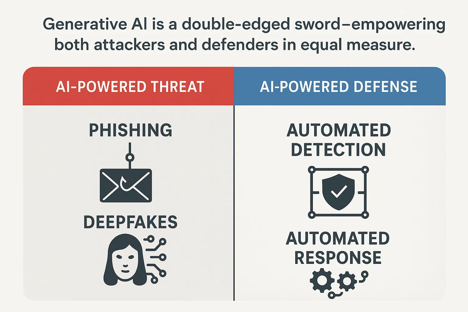 Split graphic showing AI-enabled threats on the left (phishing, deepfakes) and AI-driven defenses on the right (automated detection, response).