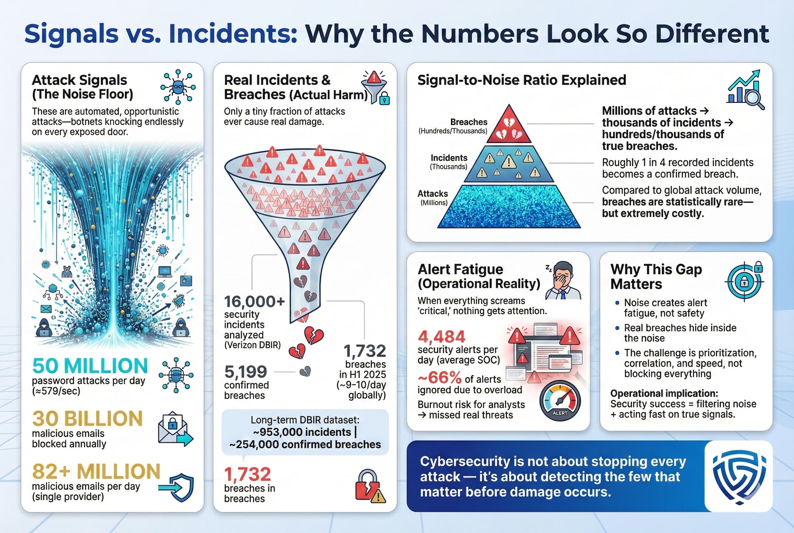 Infographic explaining the gap between massive attack signals and the much smaller number of real security incidents and confirmed breaches.