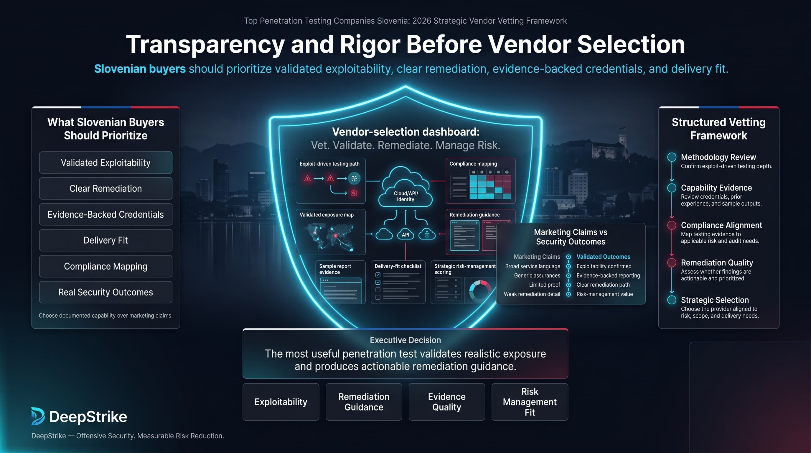 “A premium cybersecurity vendor-selection dashboard for Slovenia shows a futuristic Ljubljana enterprise environment protected by a glowing shield. Vendor selection criteria appear on the left, a structured vetting framework and marketing-claims-versus-security-outcomes comparison appear on the right, and strategic risk-management decision tiles appear in the lower center. The lower-right corner is intentionally empty for watermark removal.”