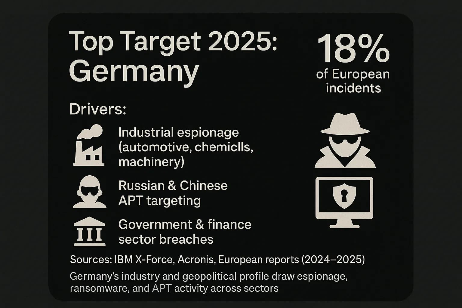 Dark infographic card for Germany showing 18% of European incidents with icons for industrial espionage, APT groups, and government/finance attacks.