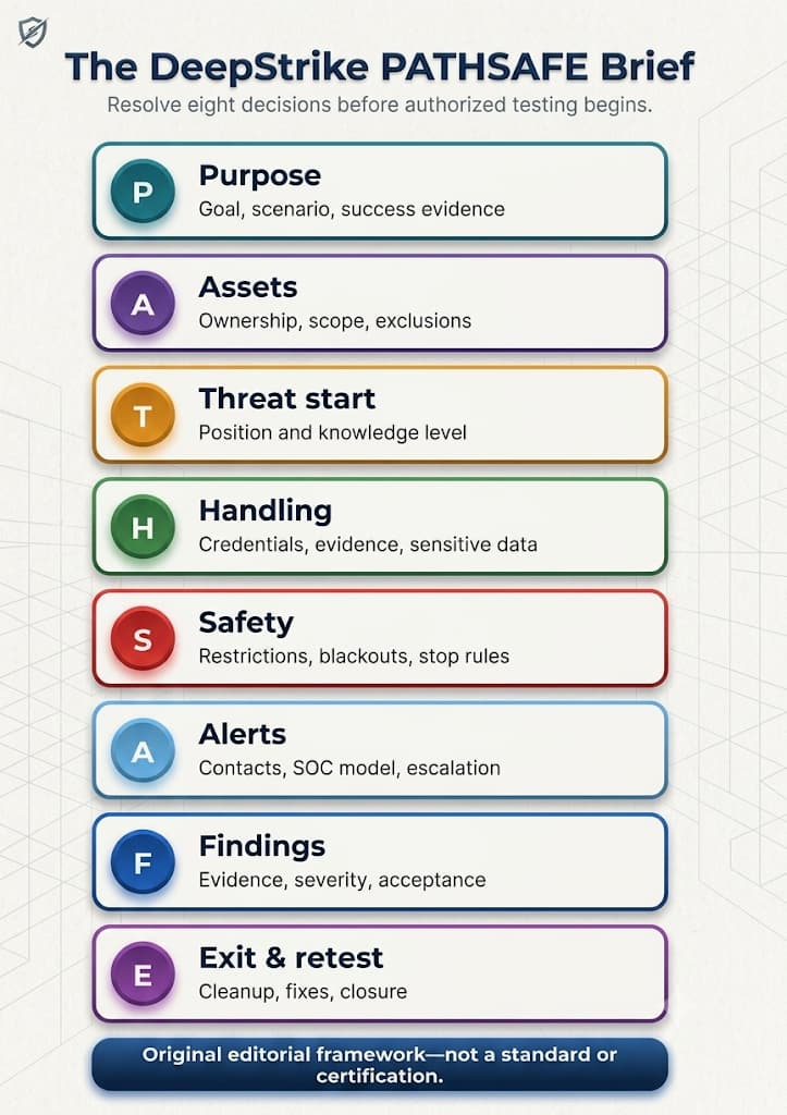 PATHSAFE organizes the decisions that should be resolved before authorized network testing begins.