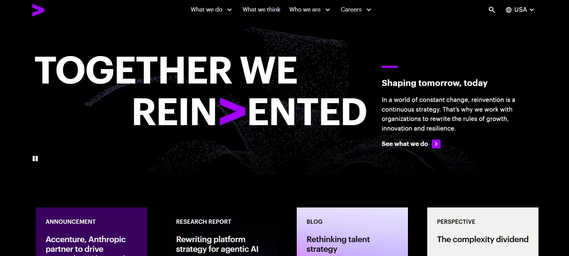 “Accenture homepage hero with bold text ‘Together we reinvented,’ abstract digital visuals, and messaging about innovation, growth, and resilience.”