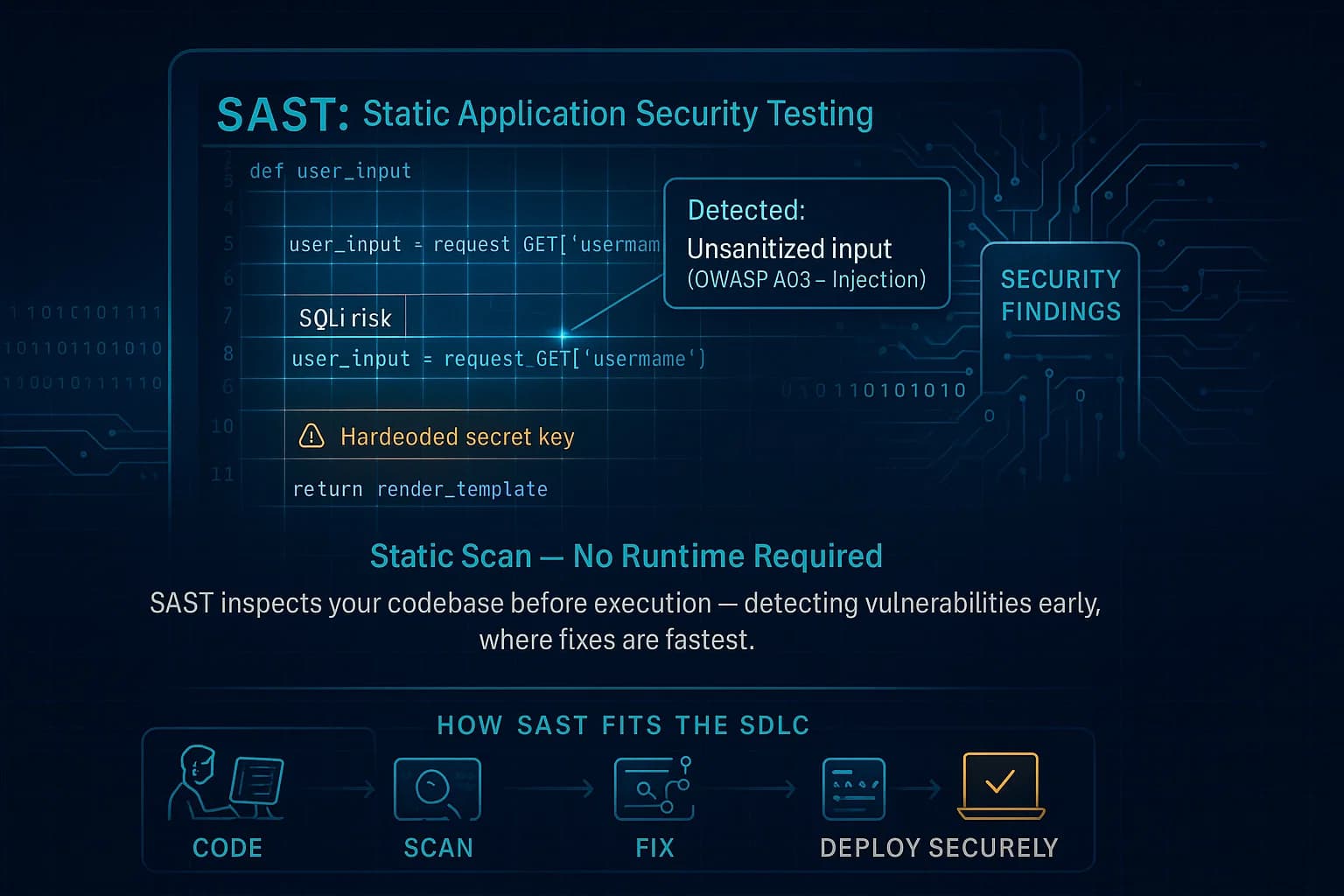 Illustration of source code on a dark screen with highlighted vulnerabilities and an overlay scan grid symbolizing Static Application Security Testing detecting issues before execution.
