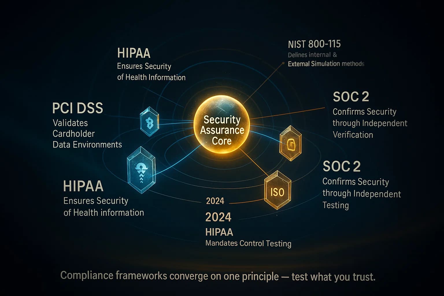 A rotating 3D compliance timeline and constellation map, where each framework (PCI DSS, HIPAA, ISO/IEC 27001, NIST 800-115, SOC 2) orbits around a luminous “Compliance Core.” Lines of light connect the standards to the test types they mandate — blue beams for external testing, amber for internal testing. Each framework briefly expands into focus as its requirements animate into view.
