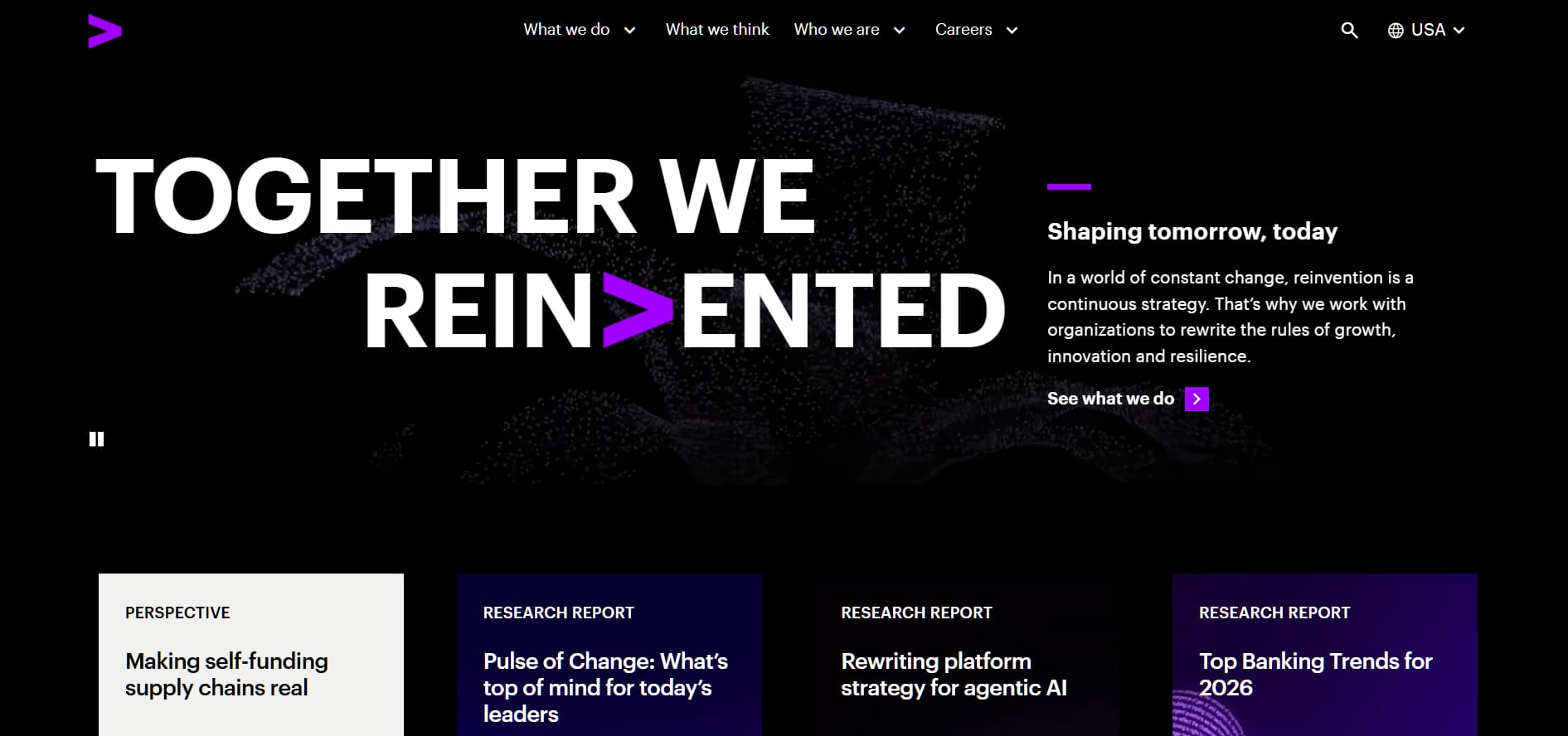 “Accenture homepage hero with ‘Together We Reinvented’ headline and purple innovation branding”