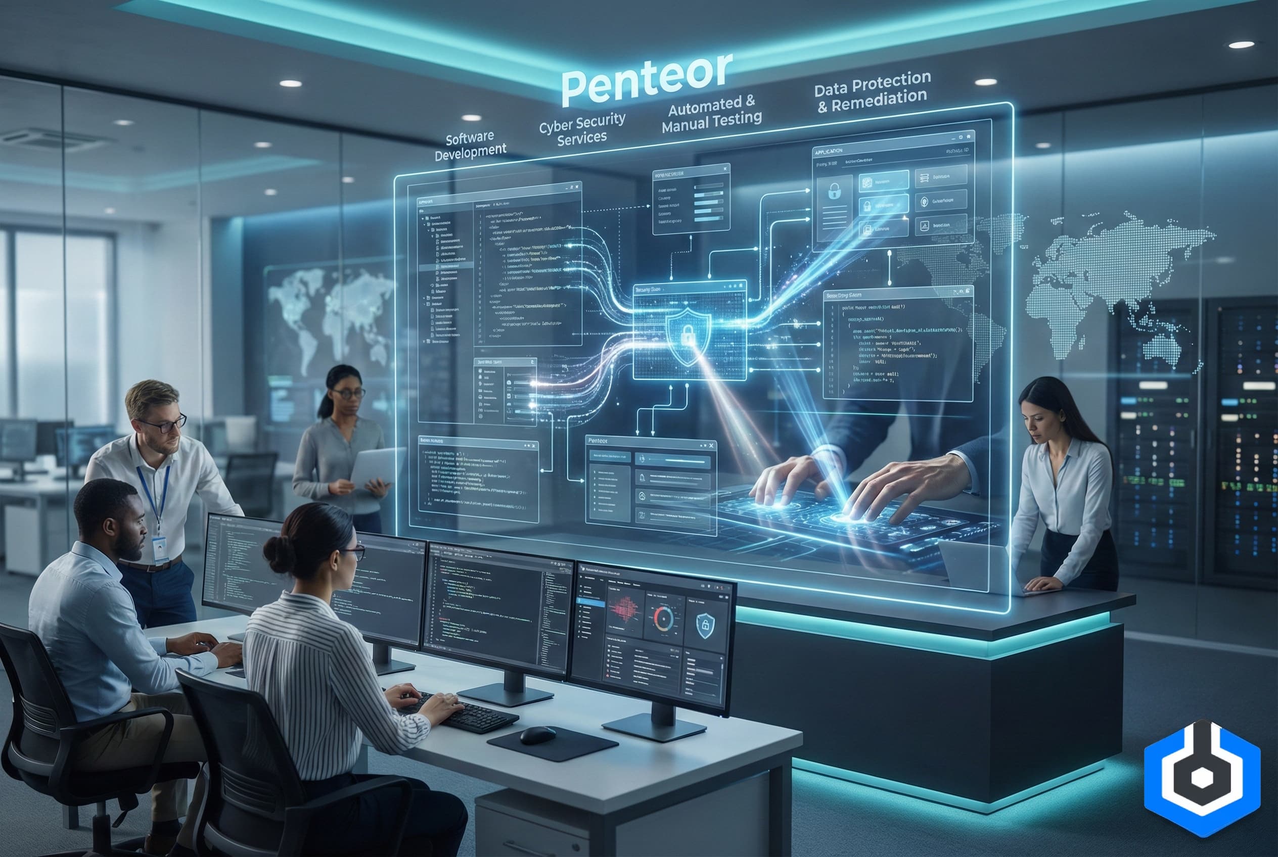 Modern office environment with several professionals working at computers while a large holographic security interface with code windows and a shield icon is displayed above a central desk.