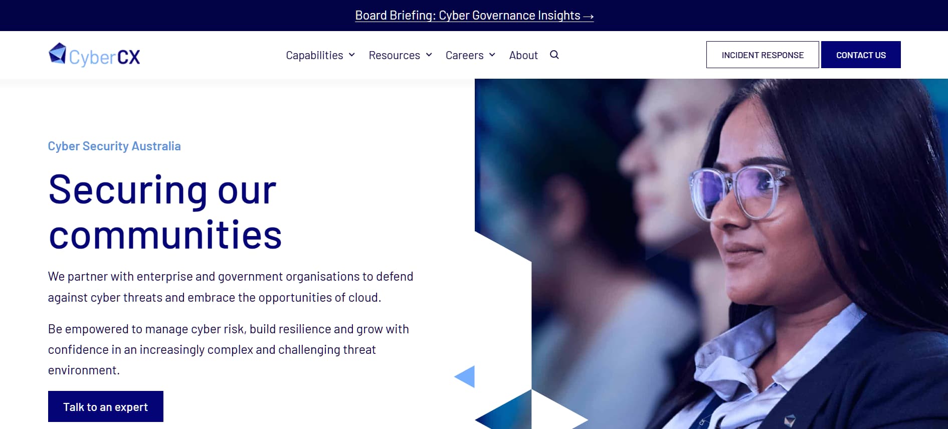 "CyberCX Australia homepage — cybersecurity provider supporting enterprises and government organizations with cloud security, cyber risk management, and community resilience against evolving threats."