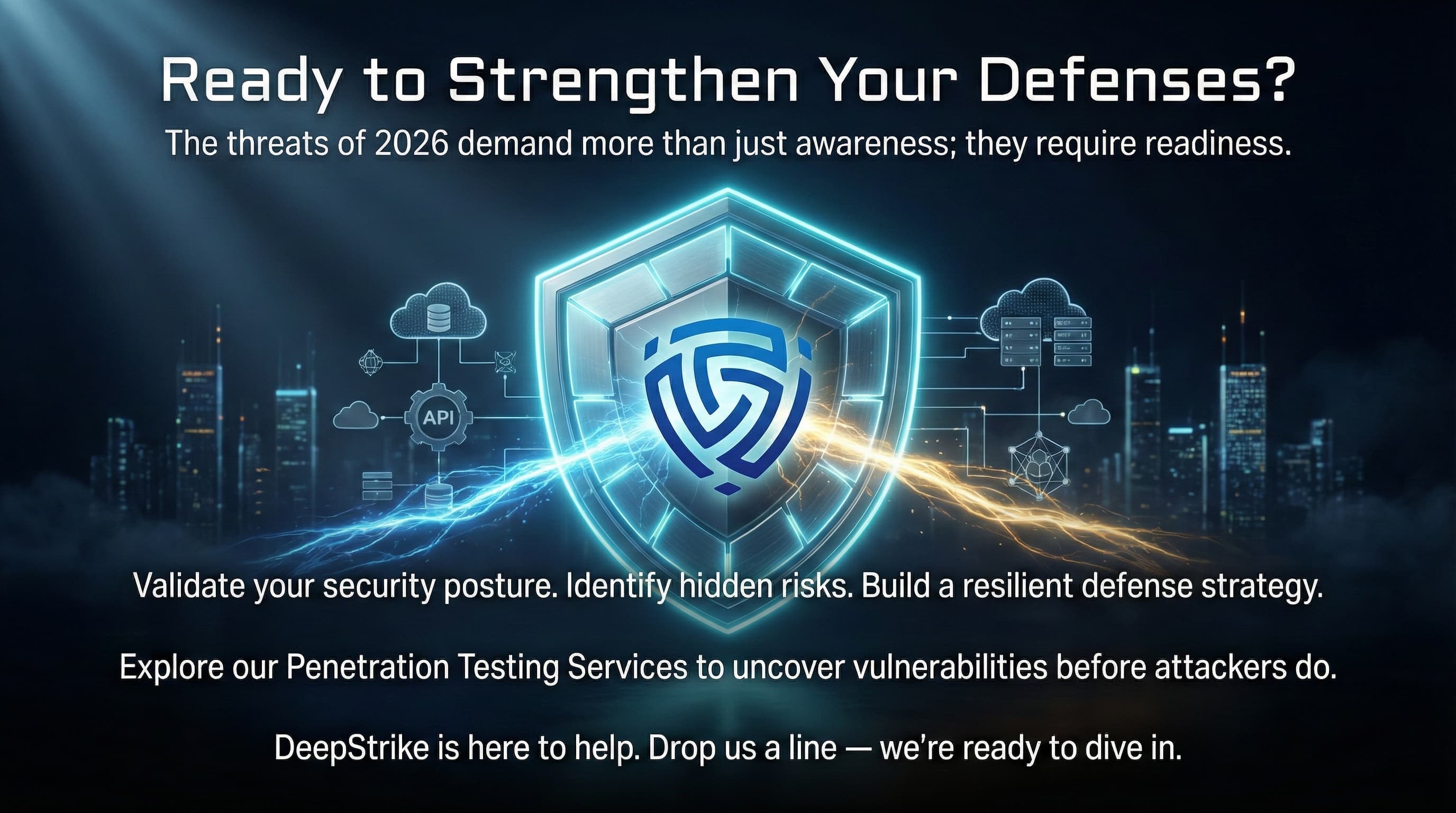 Dark, futuristic cybersecurity banner showing a glowing blue shield with a stylized “DS” logo at the center, surrounded by electric energy arcs and connected cloud, API, and database icons over a city skyline at night. Headline reads “Ready to Strengthen Your Defenses? The threats of 2026 demand more than just awareness; they require readiness.” Supporting text promotes validating security posture and exploring DeepStrike’s penetration testing services.