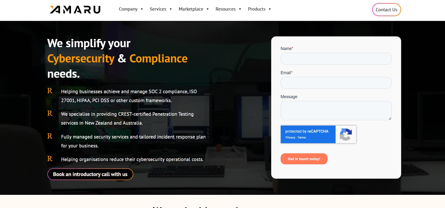 Amaru cybersecurity and compliance consulting website with SOC 2, ISO 27001, and penetration testing services contact form