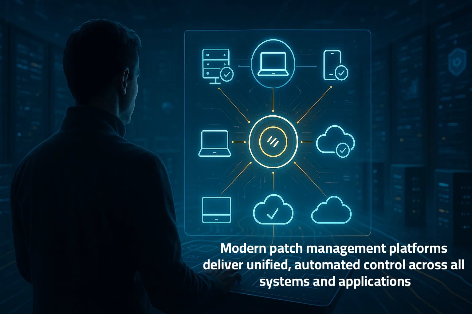 Futuristic holographic dashboard showing automated patch management across servers, endpoints, and cloud platforms.