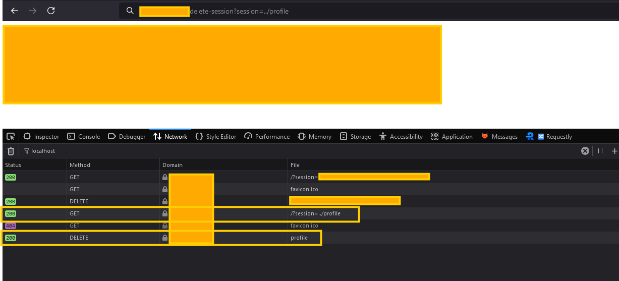 A screenshot of a web application’s network activity in the browser’s developer tools, showing a DELETE request exploiting a path traversal vulnerability (../profile) to delete a user account.