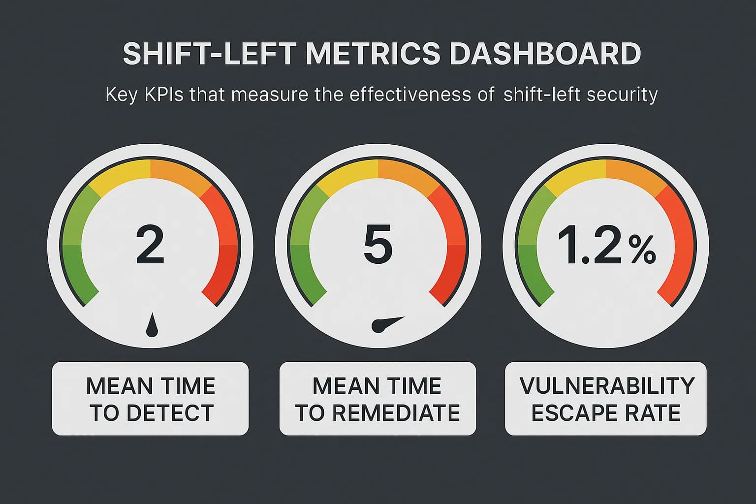 Dashboard showing DevSecOps metrics: mean time to detect, mean time to remediate, and vulnerability escape rate.