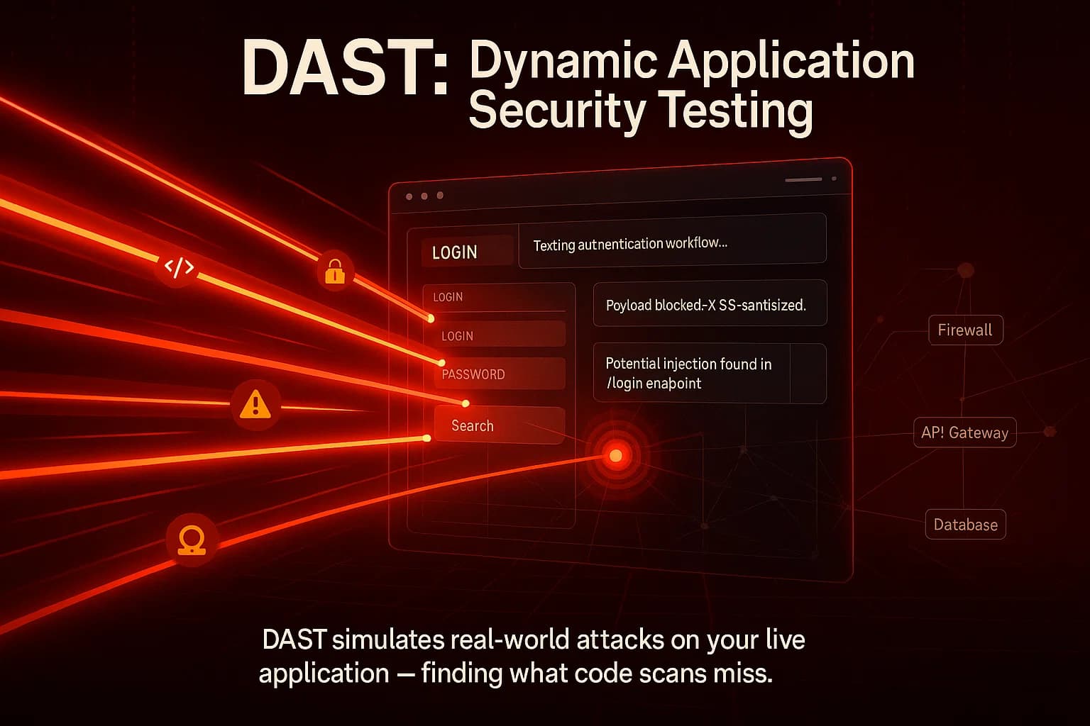 Illustration of a web application being probed by simulated cyberattack beams representing Dynamic Application Security Testing detecting vulnerabilities during runtime.