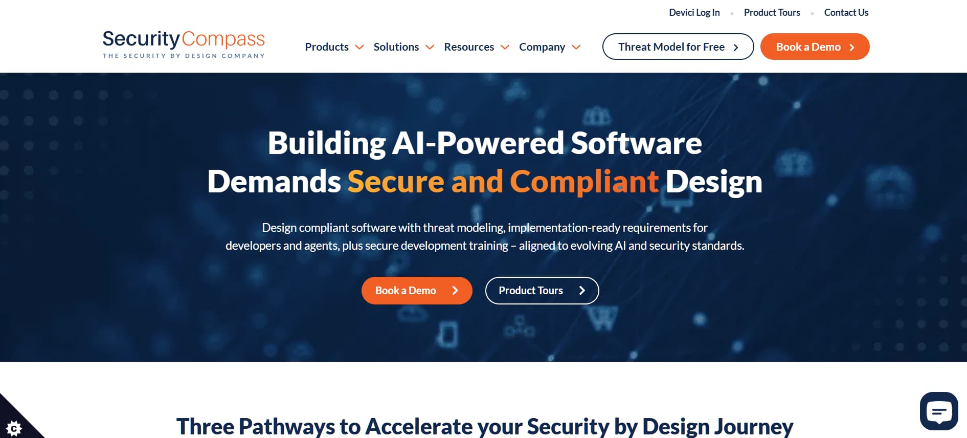 Alt text: Blue cybersecurity website hero banner reading “Building AI-Powered Software Demands Secure and Compliant Design” with demo and product tour buttons.
