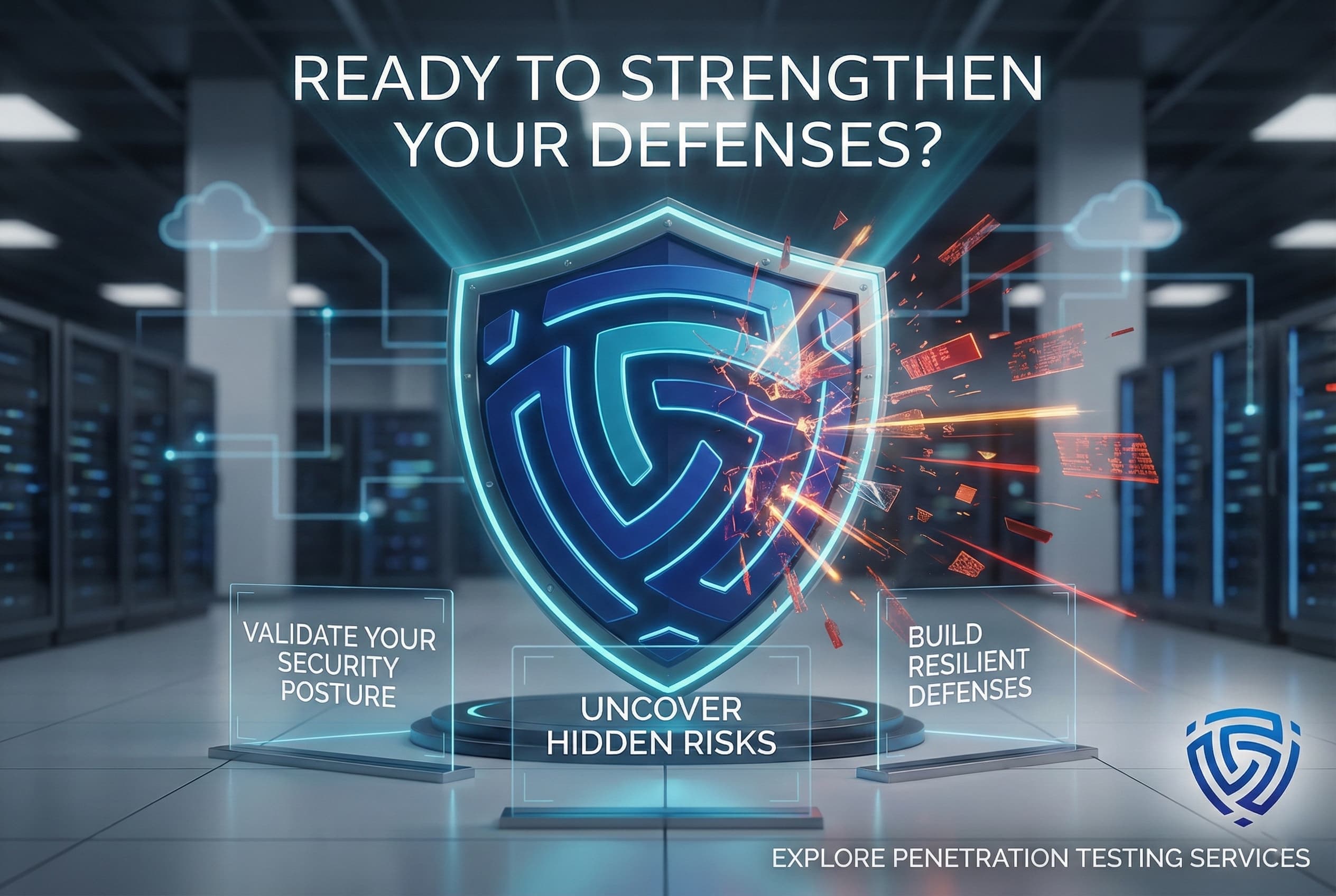 Promotional cybersecurity graphic showing a glowing blue shield logo in the center of a modern server room, with red digital sparks striking the shield to represent cyber attacks being blocked. Large headline at the top reads “Ready to Strengthen Your Defenses?” Transparent panels around the shield say “Validate Your Security Posture,” “Uncover Hidden Risks,” and “Build Resilient Defenses.” Bottom text promotes “Explore Penetration Testing Services,” with a small blue shield company logo in the corner.