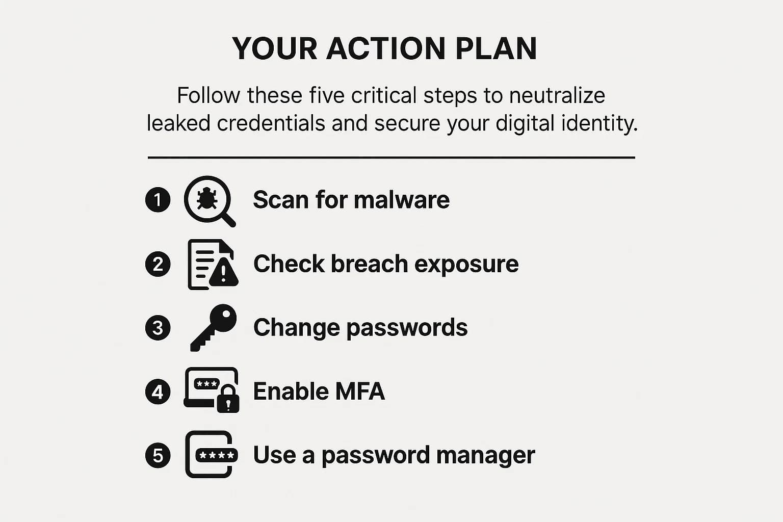 Visual checklist of five steps: malware scan, check breach exposure, change passwords, enable MFA, and use a password manager.