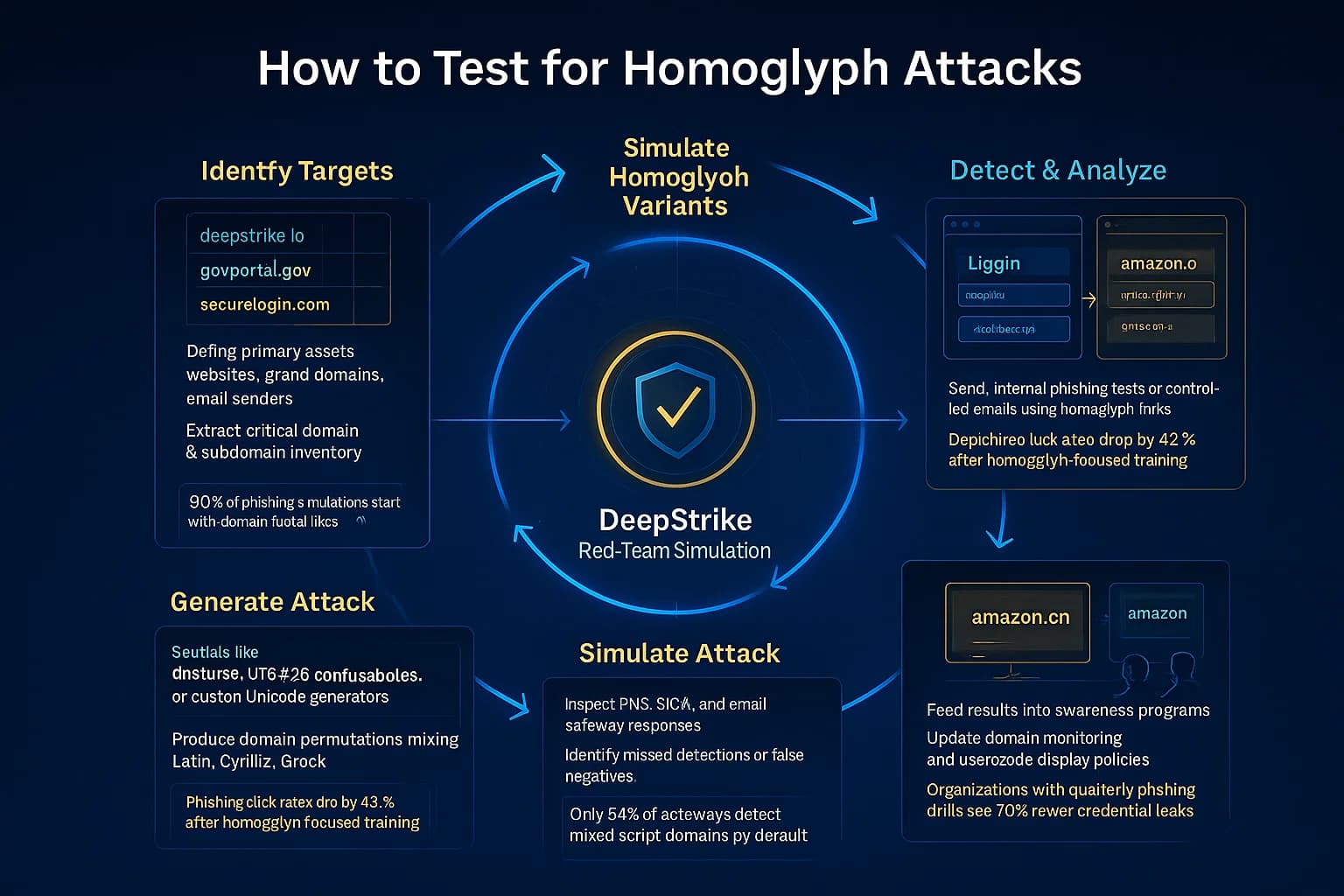 Infographic illustrating the homoglyph penetration testing workflow: identifying domains, generating lookalikes, simulating phishing, analyzing detection gaps, and training users.