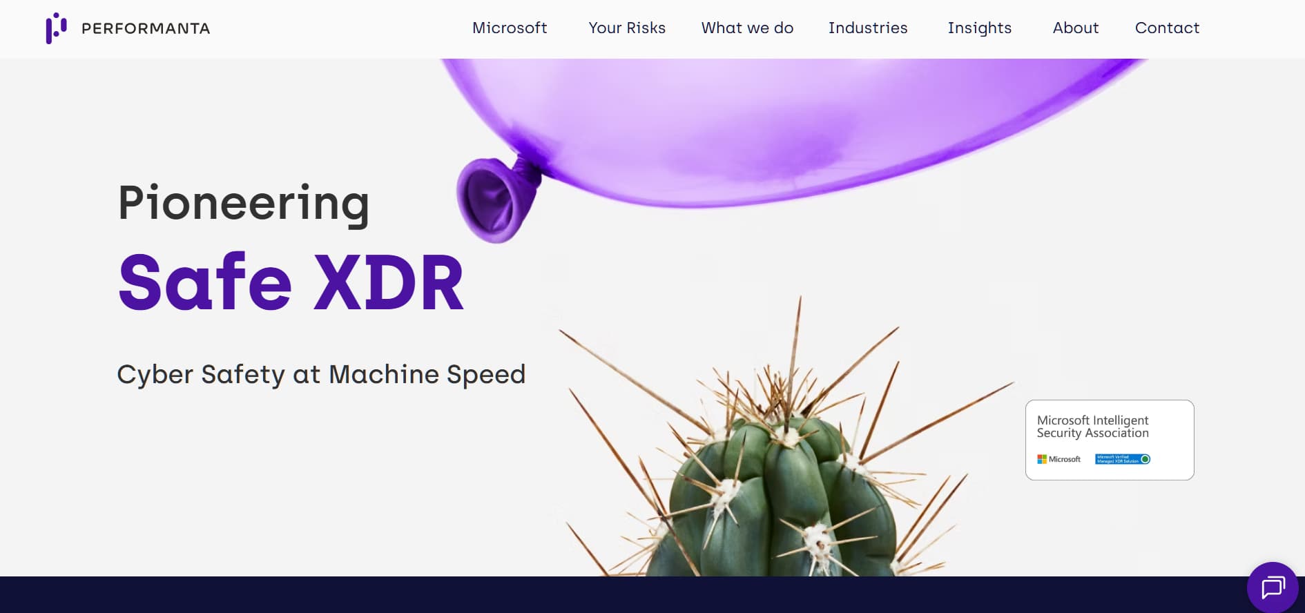 “Performanta cybersecurity homepage banner featuring ‘Pioneering Safe XDR’ text with a purple balloon and a cactus symbolizing cyber safety and resilience.”