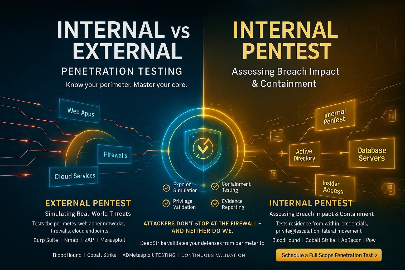 Digital illustration of a split-screen cyber defense scene — left side showing external attacks hitting a firewall, right side showing internal lateral movement — unified by a central glowing DeepStrike shield symbolizing comprehensive penetration testing.
