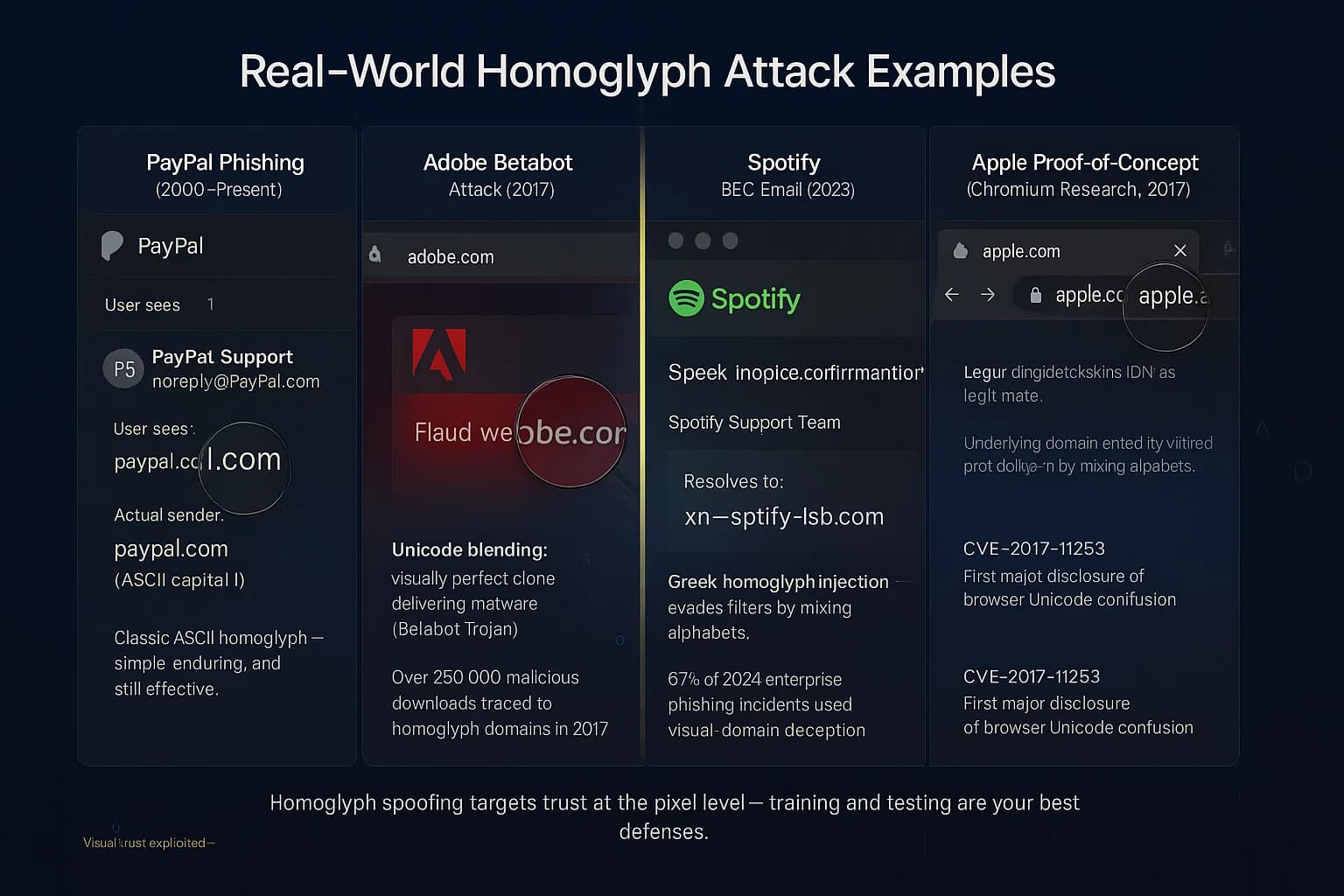 Infographic showing four homoglyph attack examples using lookalike domains for PayPal, Adobe, Spotify, and Apple, with red highlights marking deceptive Unicode characters.