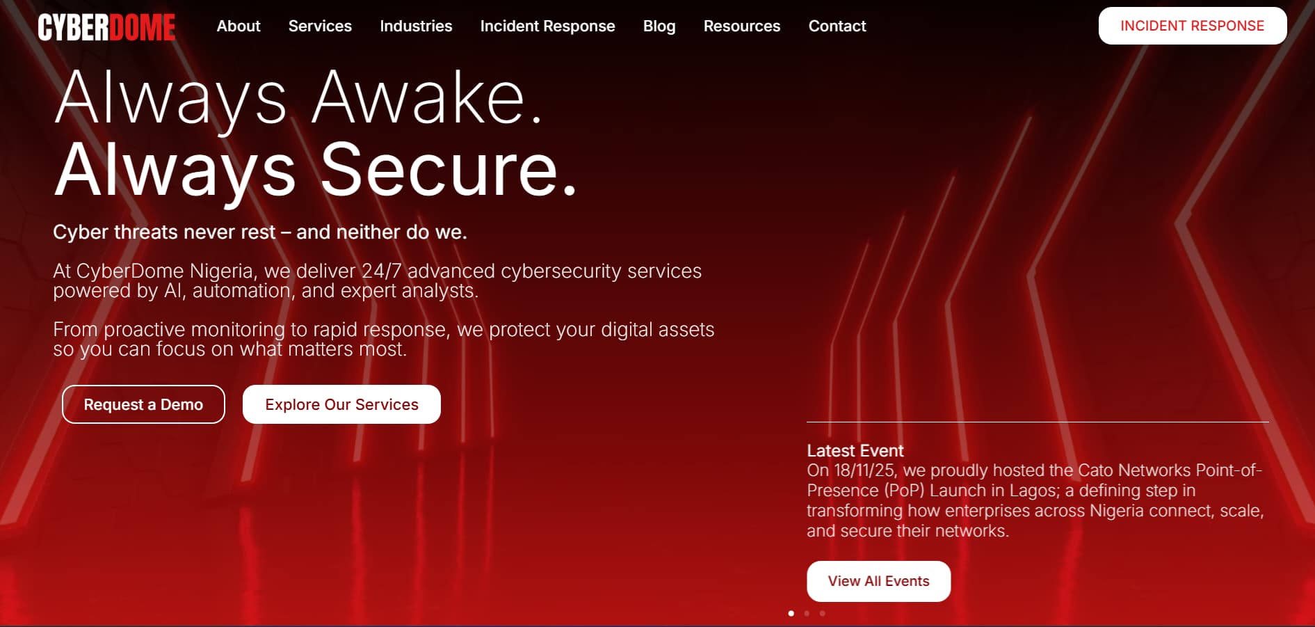 CyberDome Nigeria cybersecurity services homepage with red digital network background and 24/7 AI-powered security messaging.
