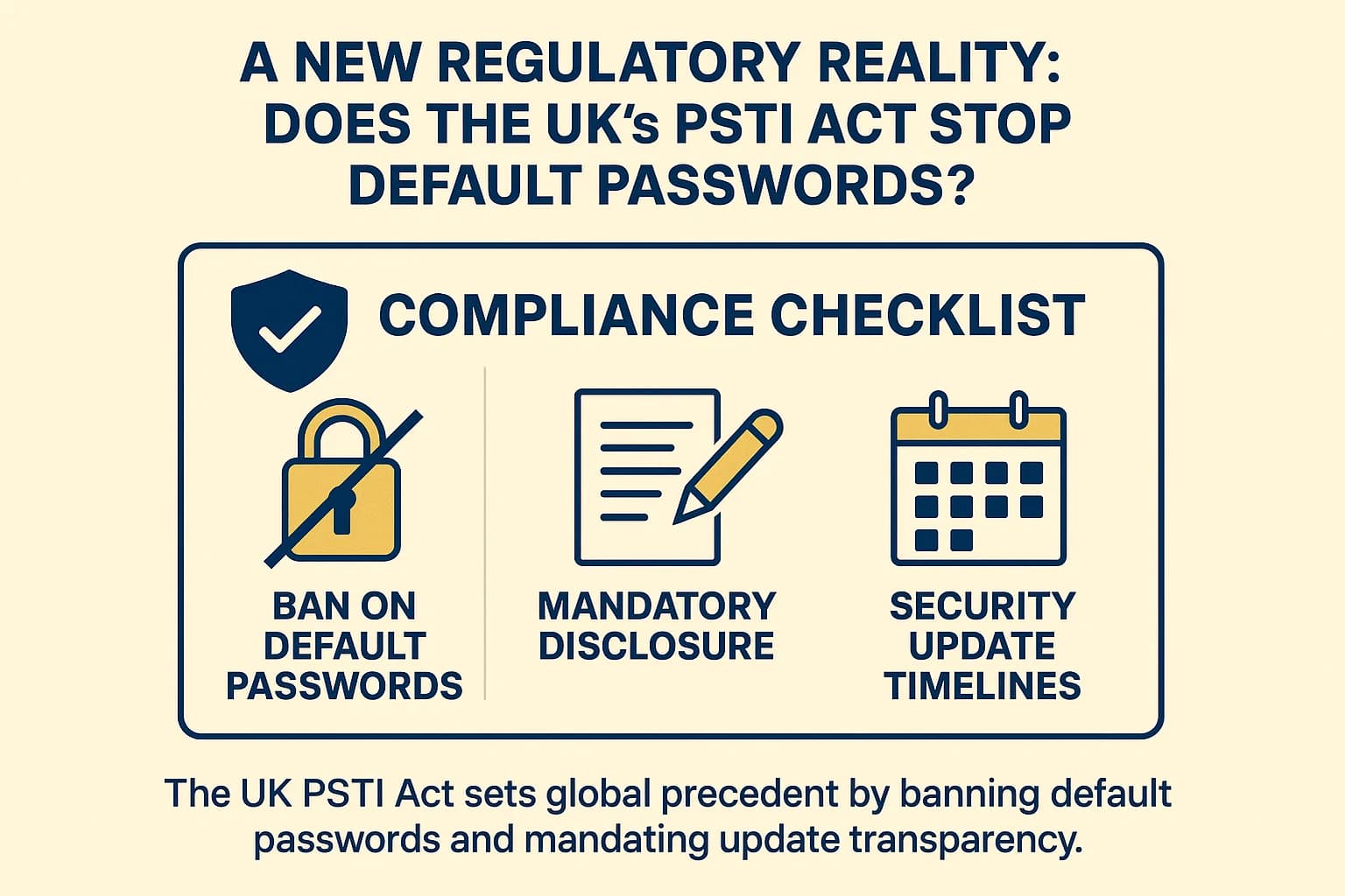 Infographic showing the three main security requirements of the UK PSTI Act: unique passwords, disclosure, and update timelines.