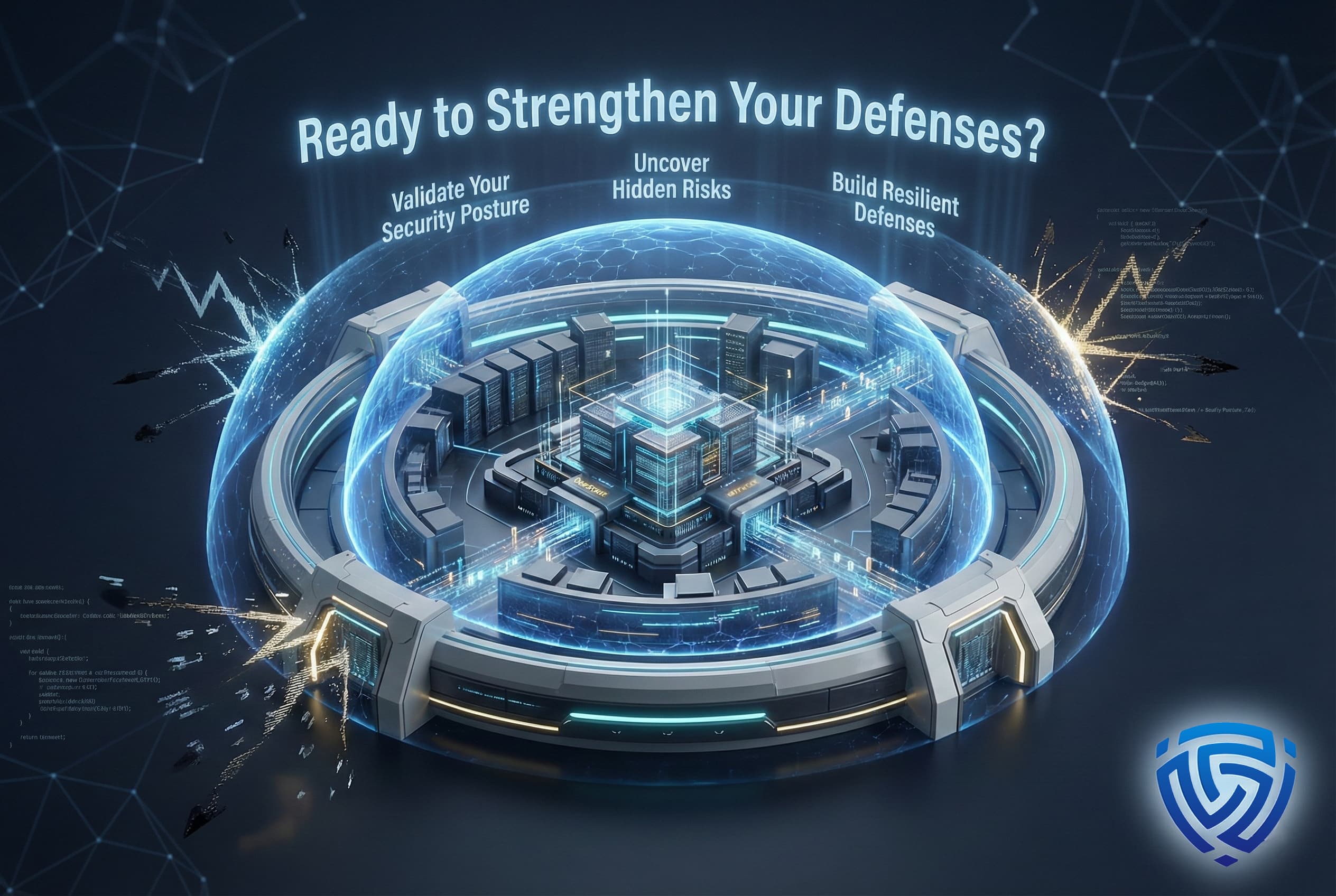 Alt: “Futuristic cybersecurity operations center with digital shield hologram and analysts monitoring network security dashboards”