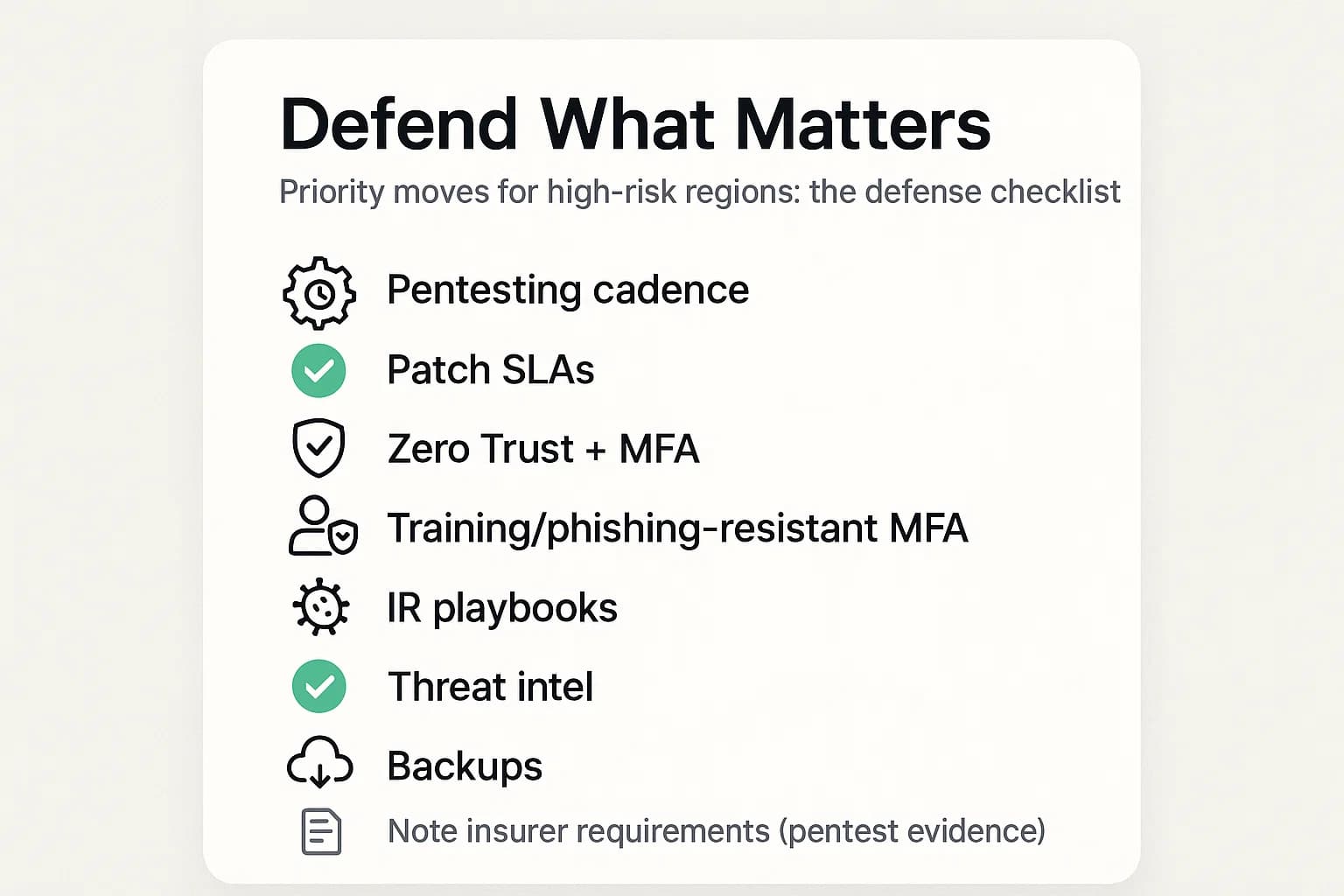 Actionable security checklist for organizations in highly targeted countries, covering testing, patching, identity, training, IR, intel, and backups.