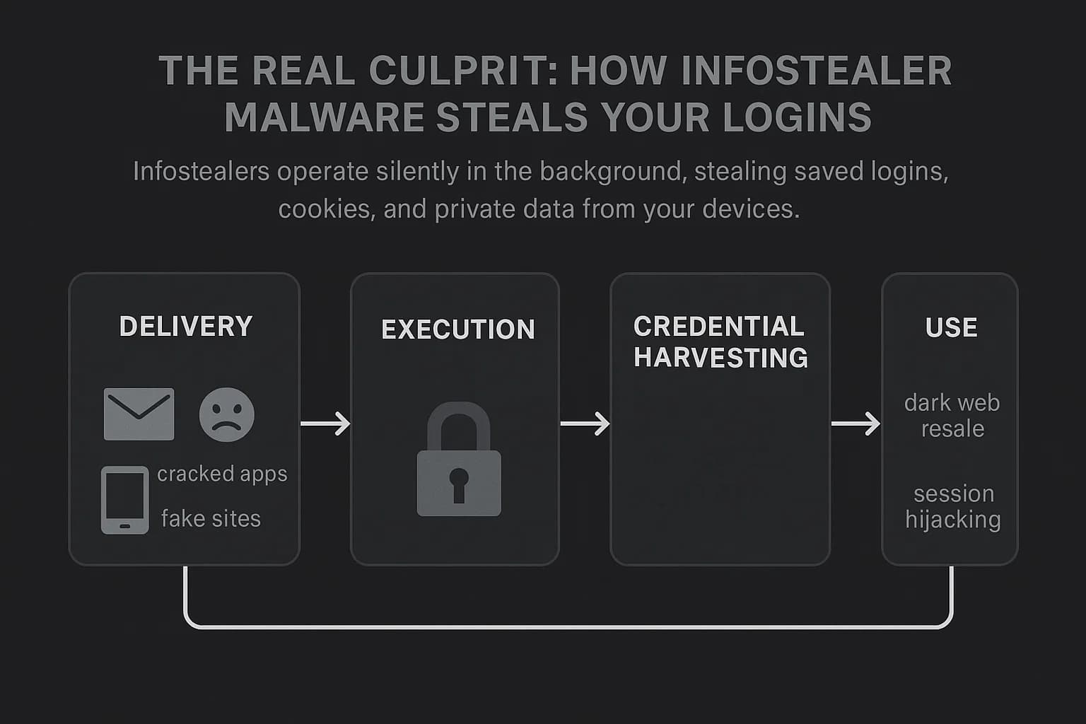 Diagram showing the infostealer malware lifecycle: initial infection through phishing or fake software, silent data theft, and exfiltration to attackers.