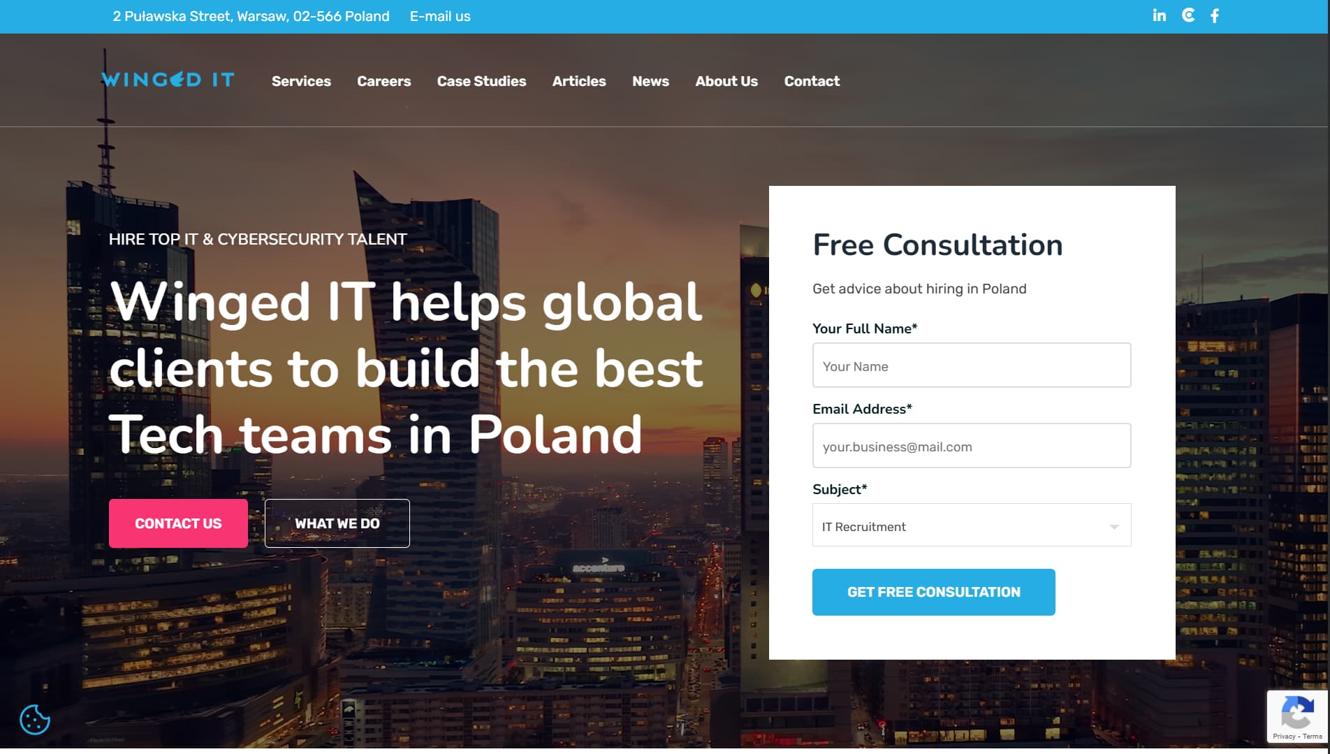 Screenshot of Winged IT homepage featuring the headline ‘Winged IT helps global clients to build the best tech teams in Poland,’ highlighting IT recruitment and cybersecurity staffing services
