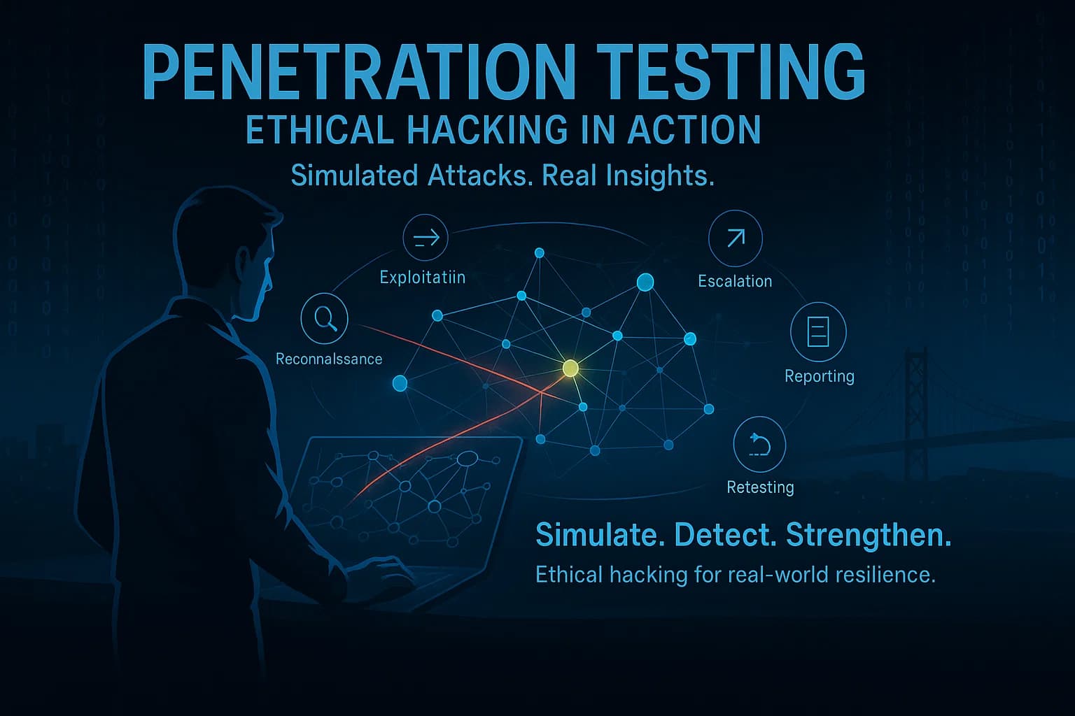 Digital illustration showing a cybersecurity professional analyzing a holographic network map with simulated attack paths and defense nodes, symbolizing penetration testing as a proactive security measure.